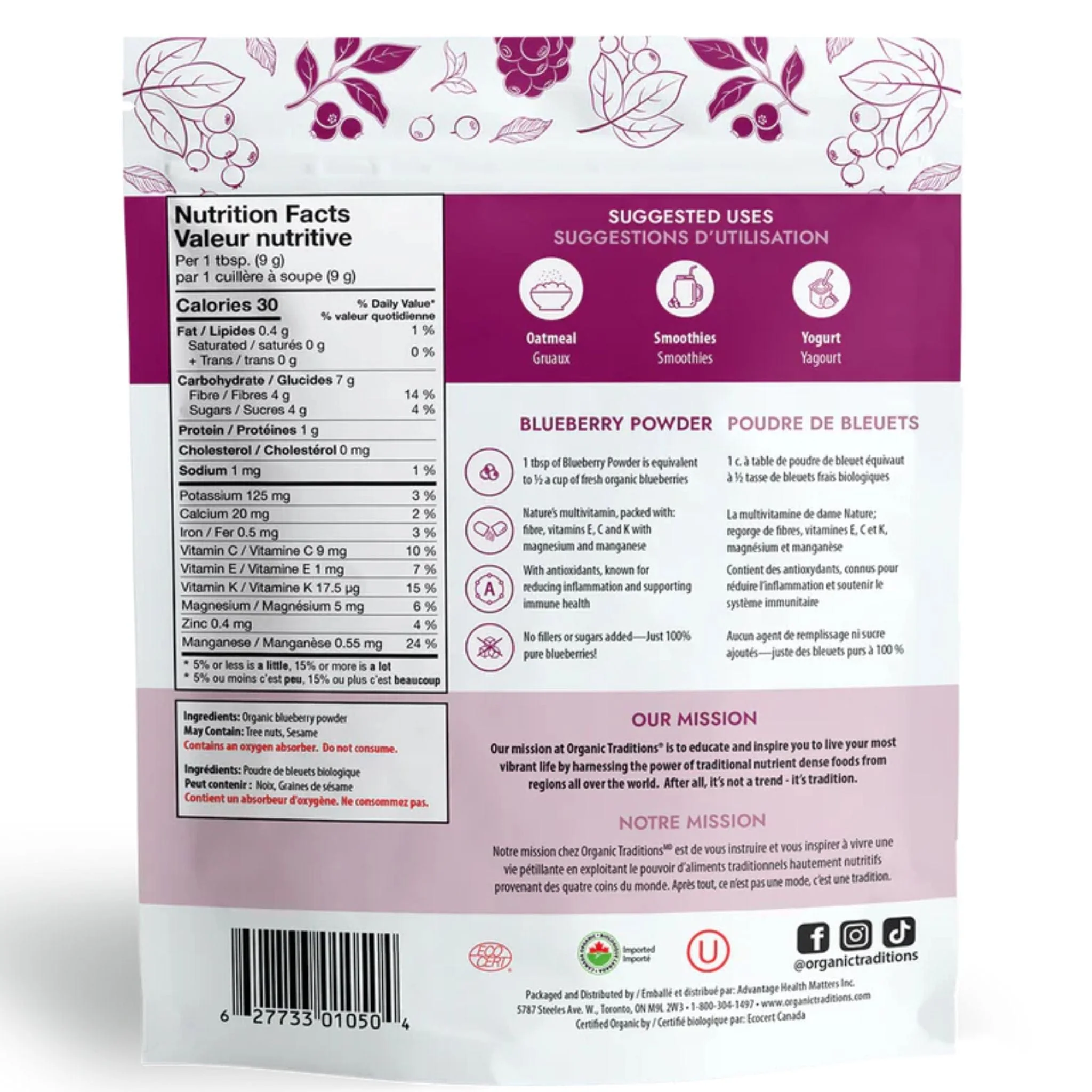 Organic Traditions Organic Blueberry Powder, High ORAC Value, Low Glycemic Superfruit, 100g - Image 2