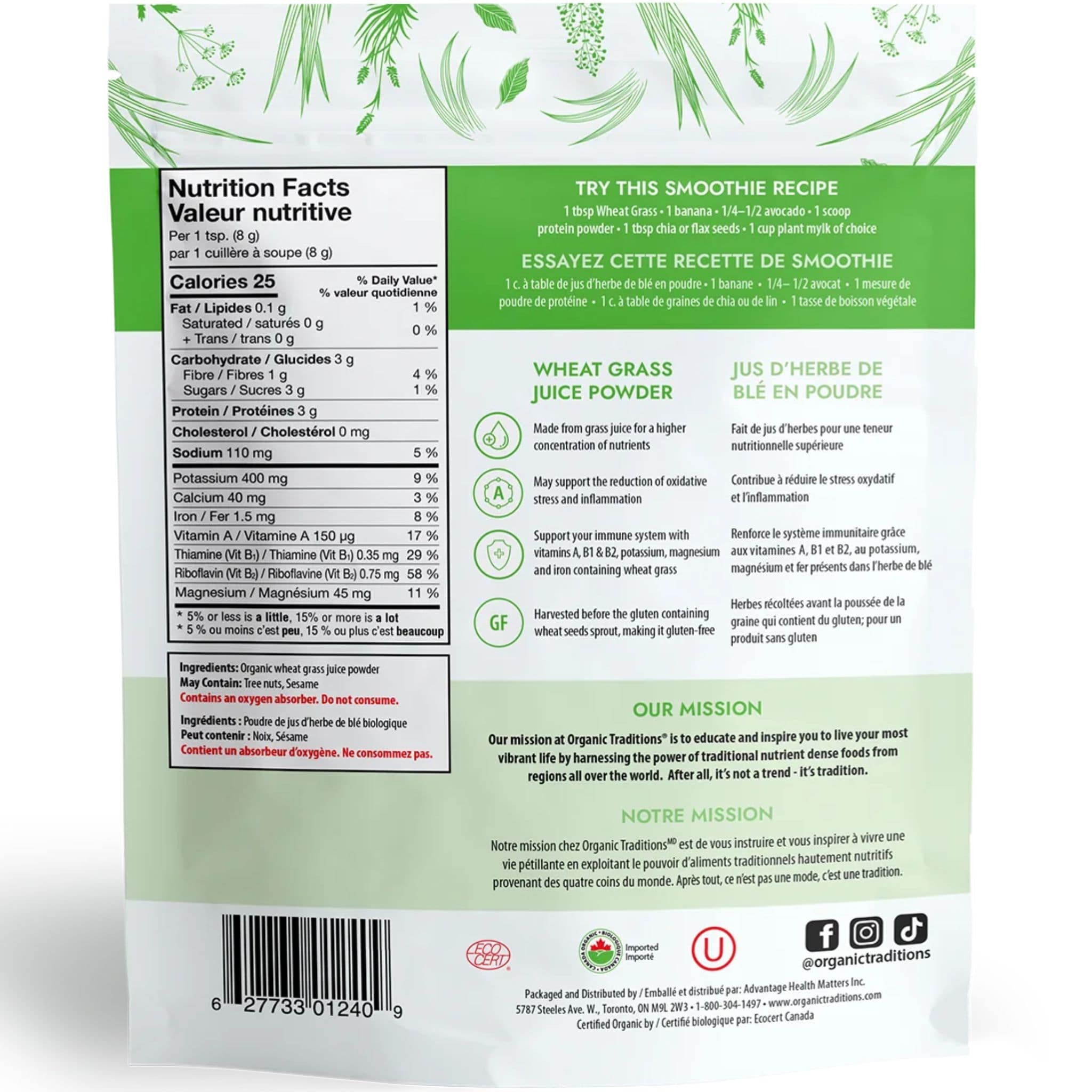 Organic Traditions Organic Wheat Grass Juice Powder, 100% Raw Juice from Young Wheat Grass, No Grass Fillers, 150g - Image 2
