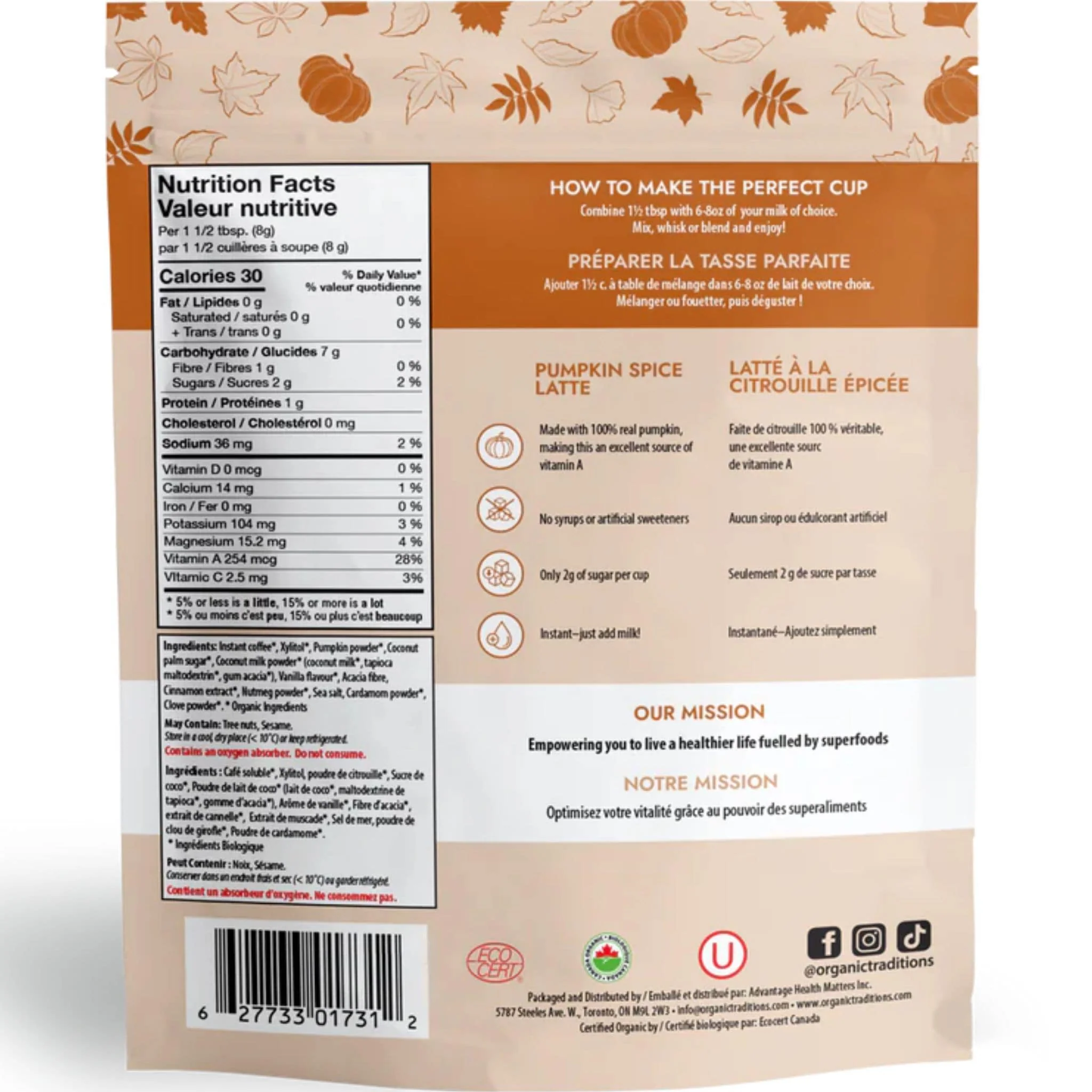 Organic Traditions Pumpkin Spice Latte Powder Mix, Organic pumpkin powder, Freeze-dried coffee, Coconut milk powder, Delicious spices, Limited Edition, 150g - Image 2