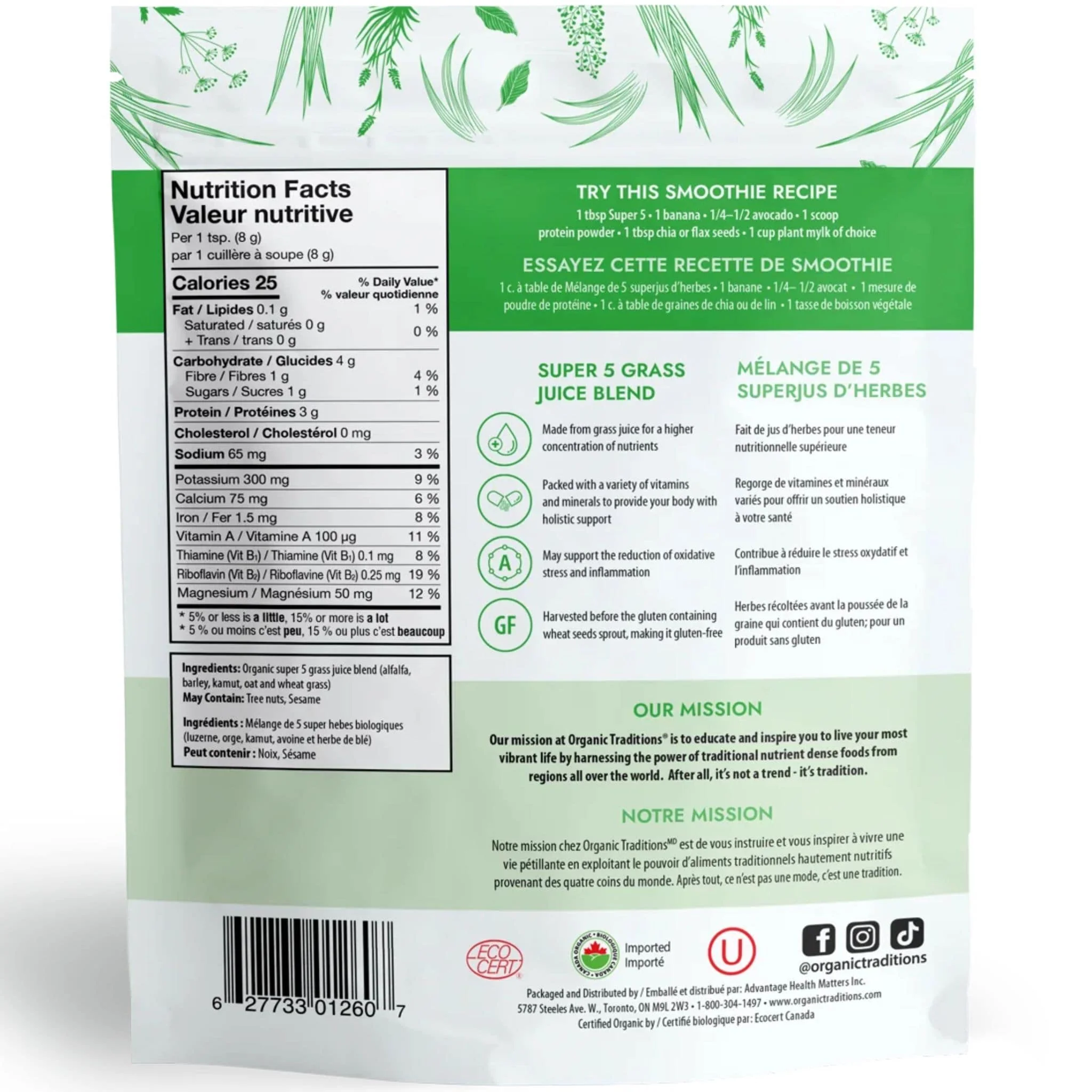Organic Traditions Super 5 Grass Juice Blend, 100% Raw Juice from Young Grasses Alfalfa, Barley, Kamut, Oat, Wheat, 150g - Image 2
