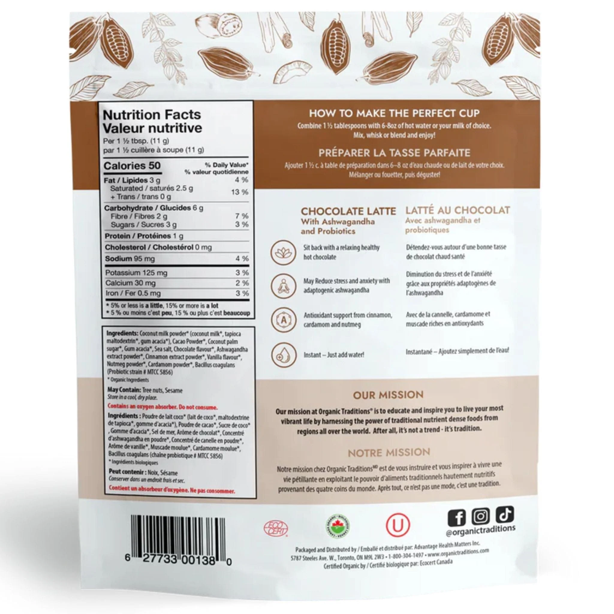 Organic Traditions Organic Chocolate Latte with Ashwagandha and Probiotics, 150g - Image 2