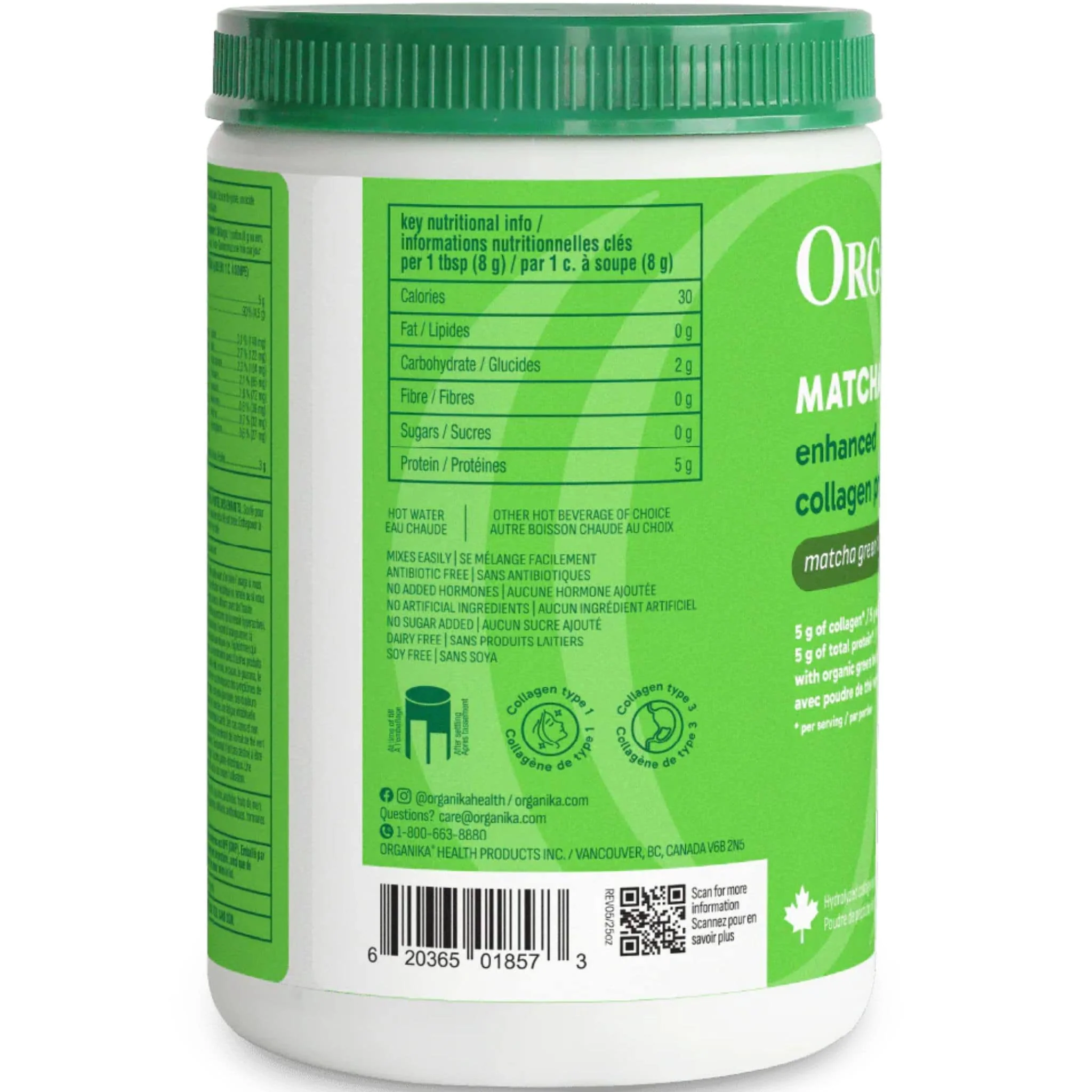 Organika Enhanced Collagen with Organic Matcha Powder (Flavourless Hydrolyzed Collagen Peptides), 250g - Image 3