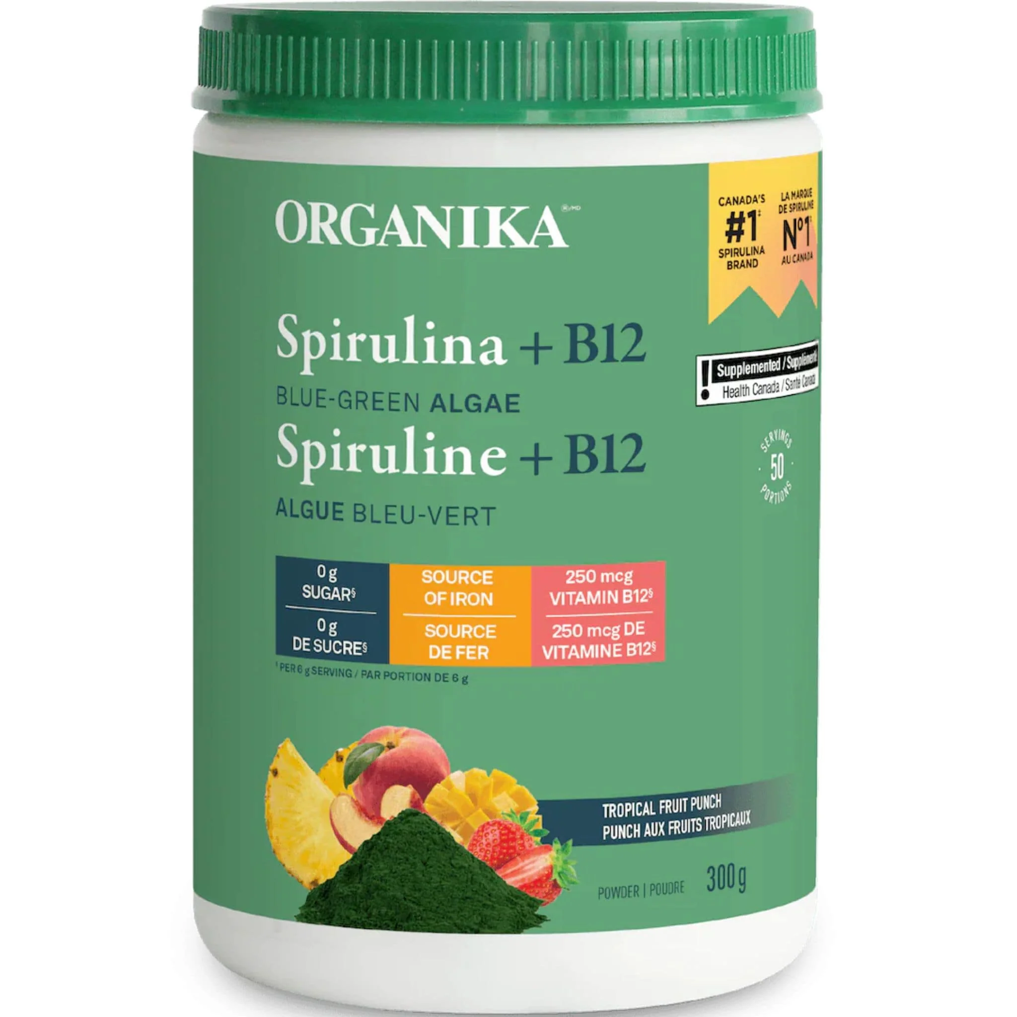Organika Spirulina Plus B12 Powder, Blue-Green Algae, Fruit Punch Flavour, 300g