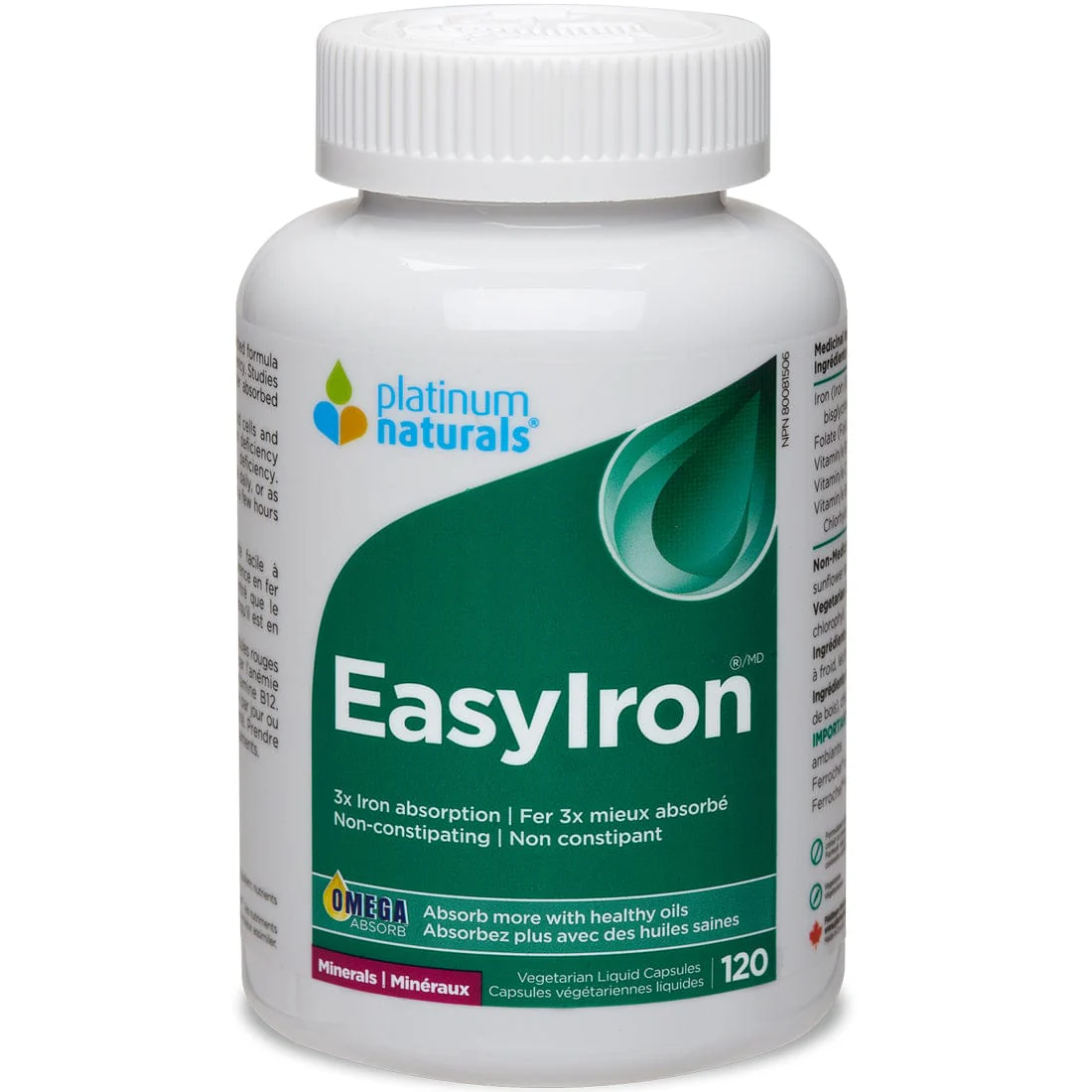 Platinum Naturals EasyIron 18mg Iron Pills, Easy on the stomach, 120 Liquid Capsules