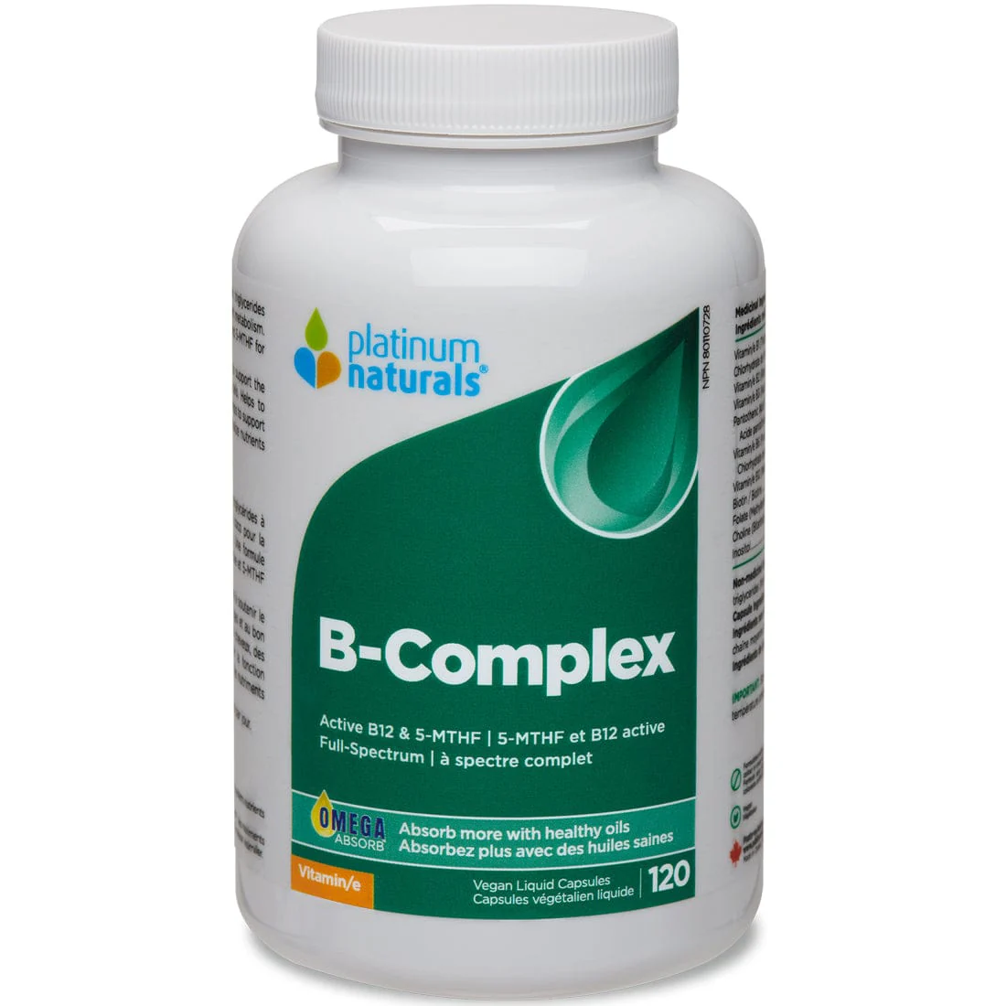 Platinum Naturals B-Complex, Vegan, With Active B12 and 5-MTHF, 120 Liquid MCT Oil Capsules