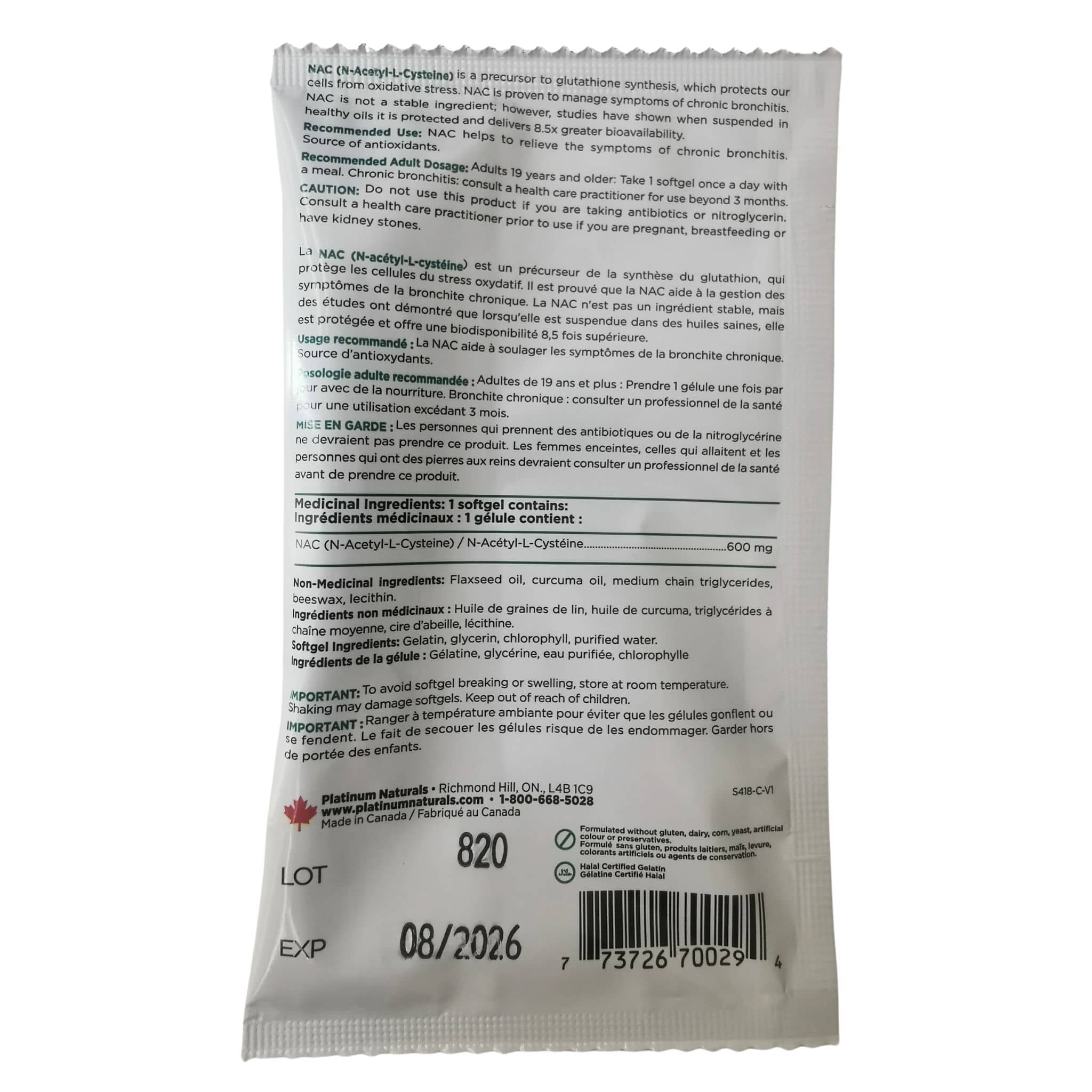Platinum Naturals NAC 8.5x, 1 Sample, 2 Softgels - Image 2