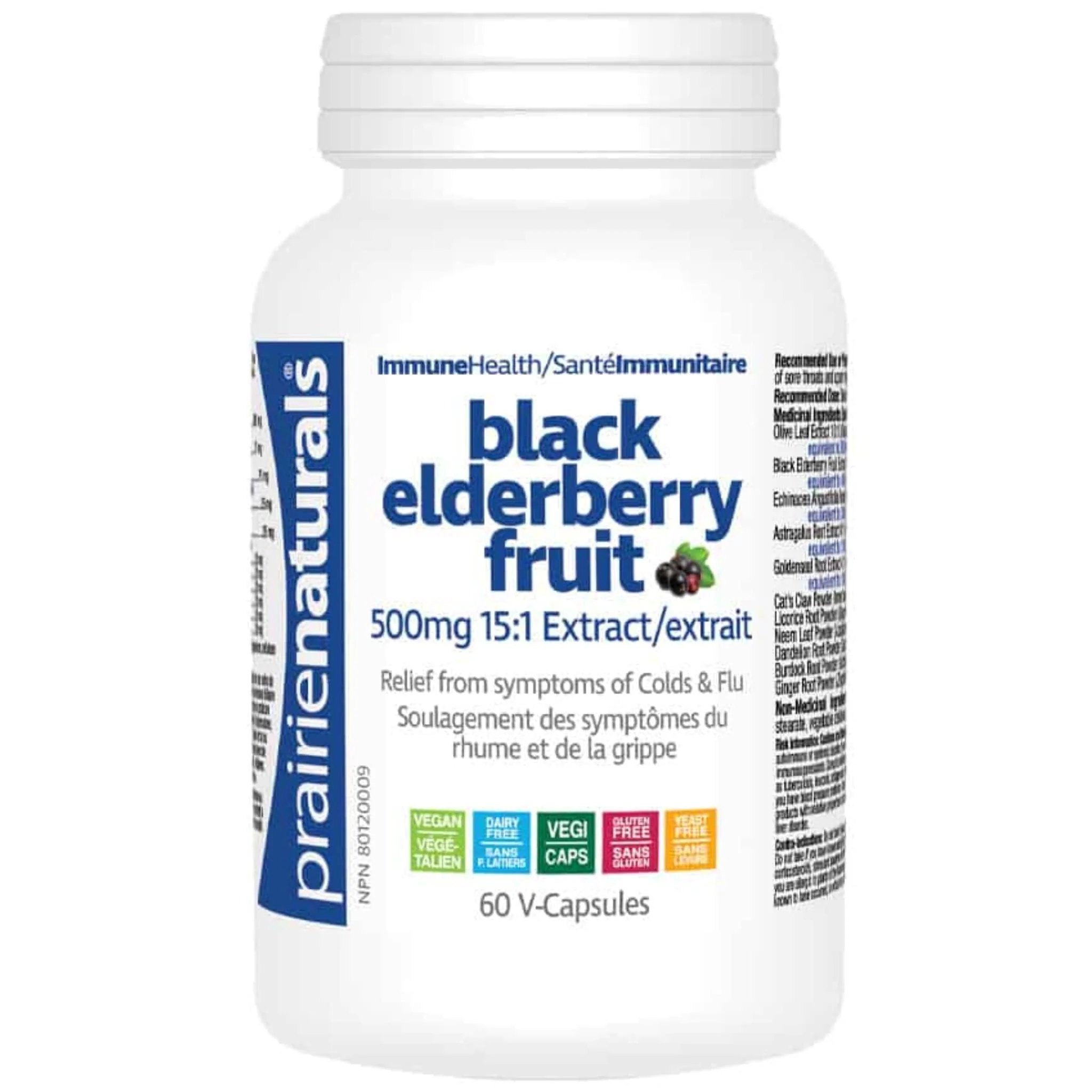 Prairie Naturals Black Elderberry Fruit 500mg, 15:1 Extract, 60 Vegetable Capsules