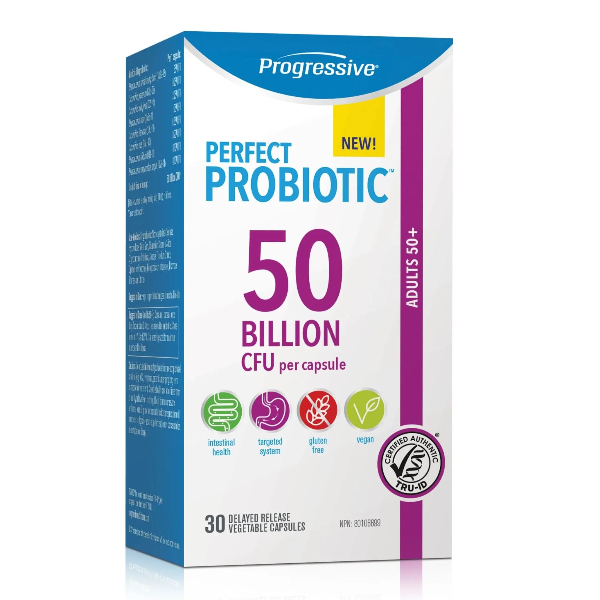 Progressive Perfect Probiotic Adult 50+ 50 Billion, Shelf Stable, 30 Delayed Release Vegetable Capsules