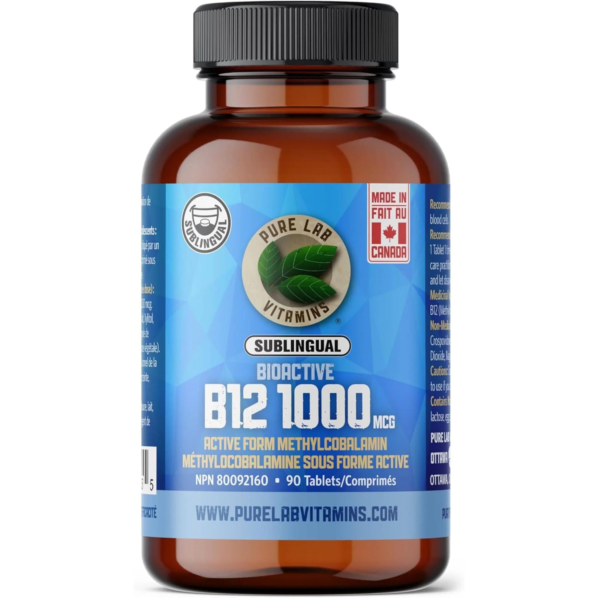 Pure Lab Vitamins Bioactive B12 1000mcg Sublingual, 90 Tablets