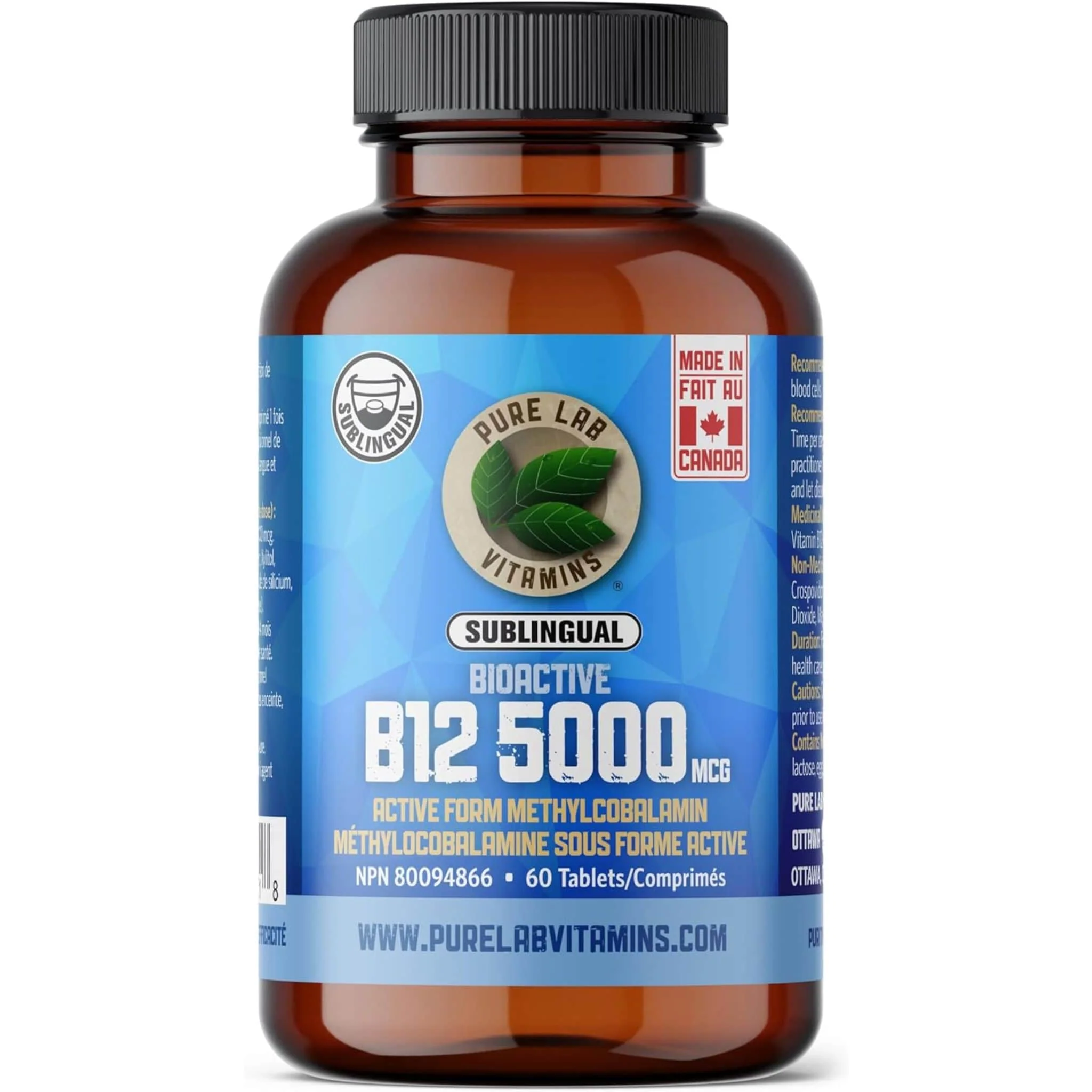Pure Lab Vitamins Bioactive B12 5000mcg Sublingual, 60 Tablets
