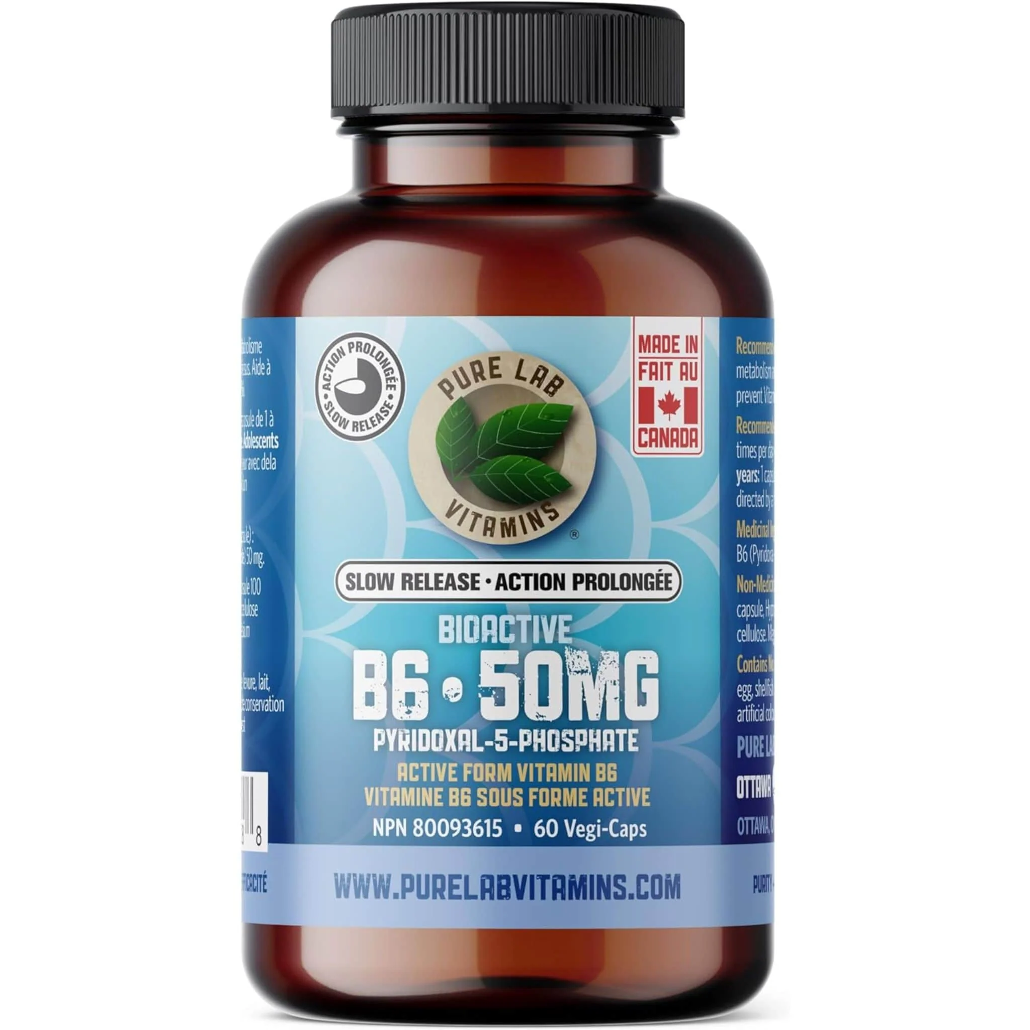 Pure Lab Vitamins Bioactive B6 50mg Slow Release, 60 Capsules