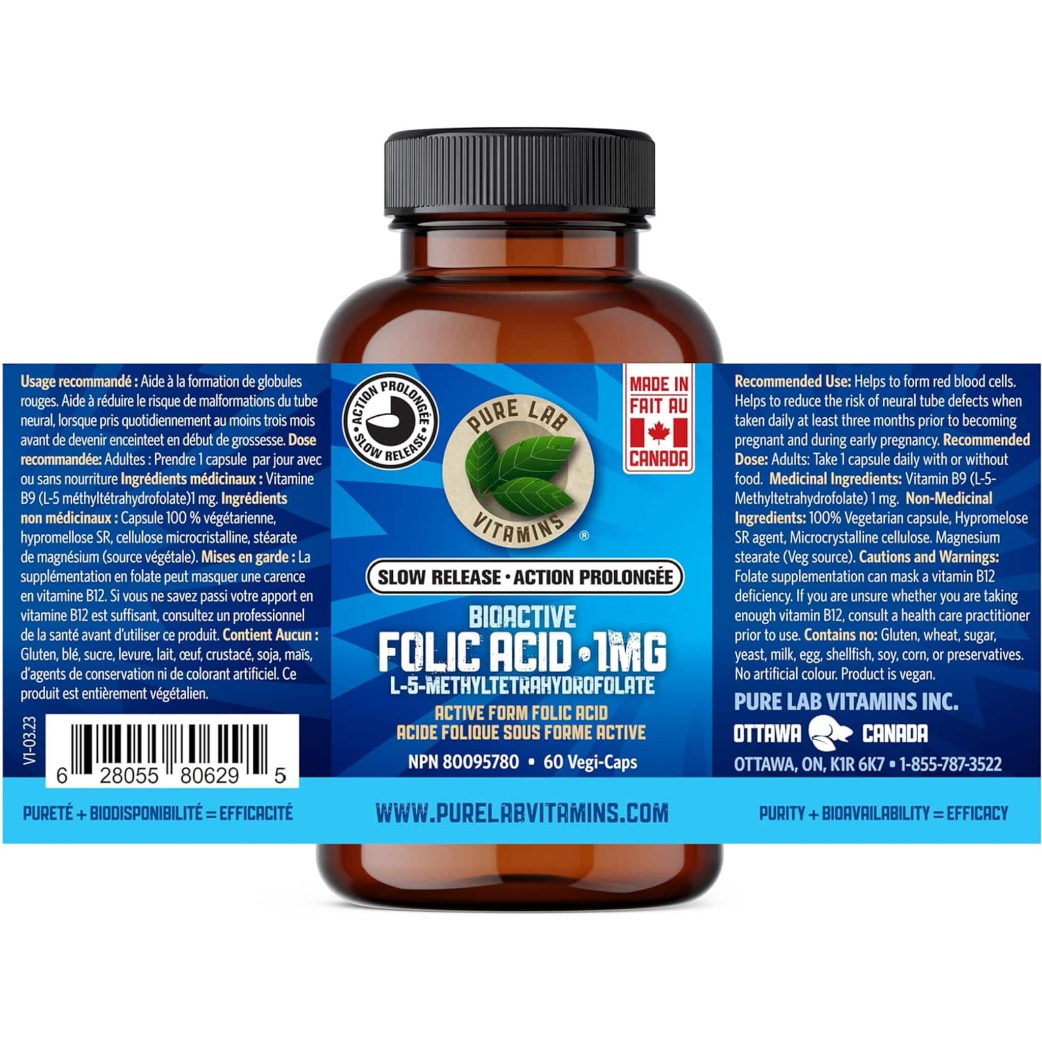 Pure Lab Vitamins Bioactive Folic Acid 1mg Slow Release, 60 Capsules - Image 2