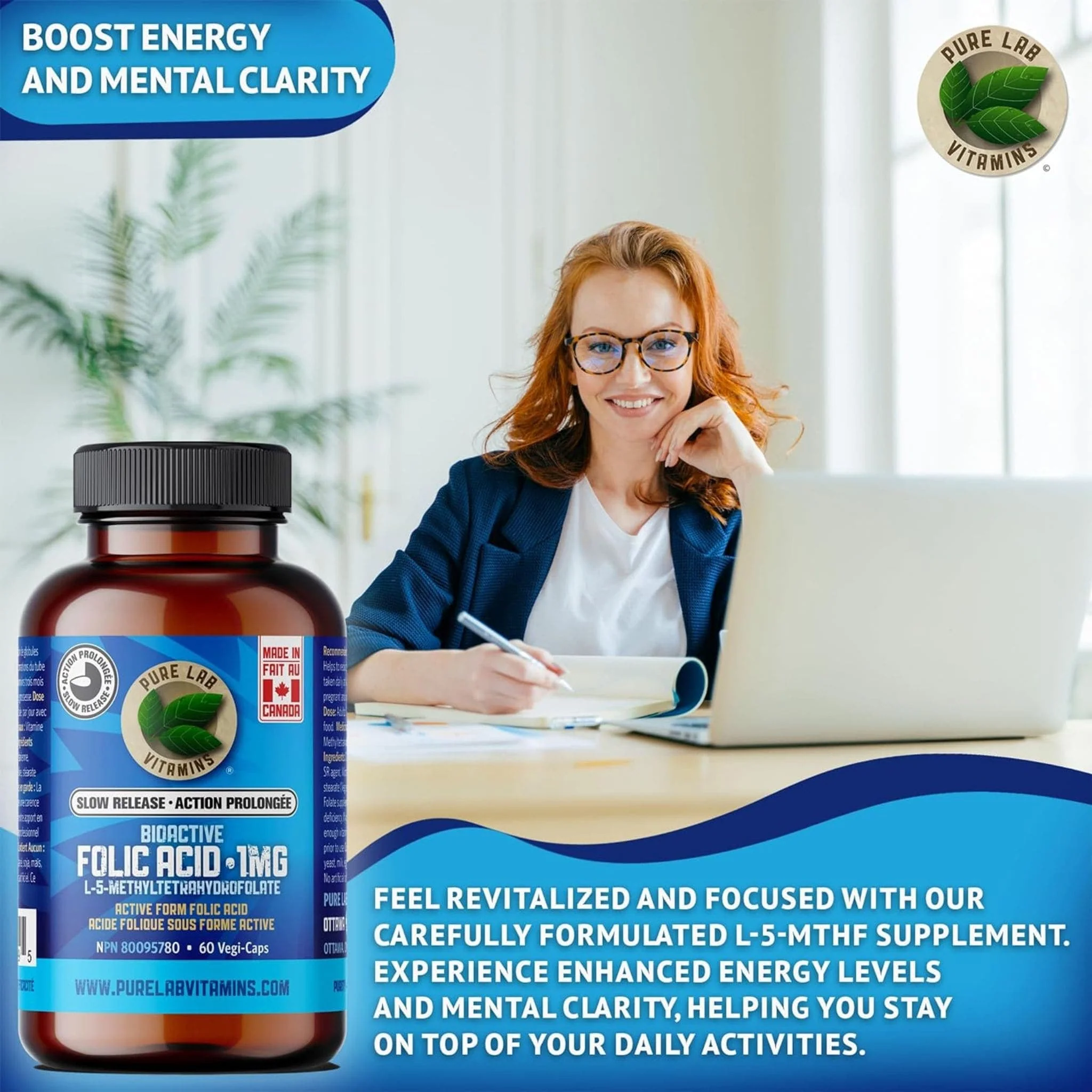 Pure Lab Vitamins Bioactive Folic Acid 1mg Slow Release, 60 Capsules - Image 3