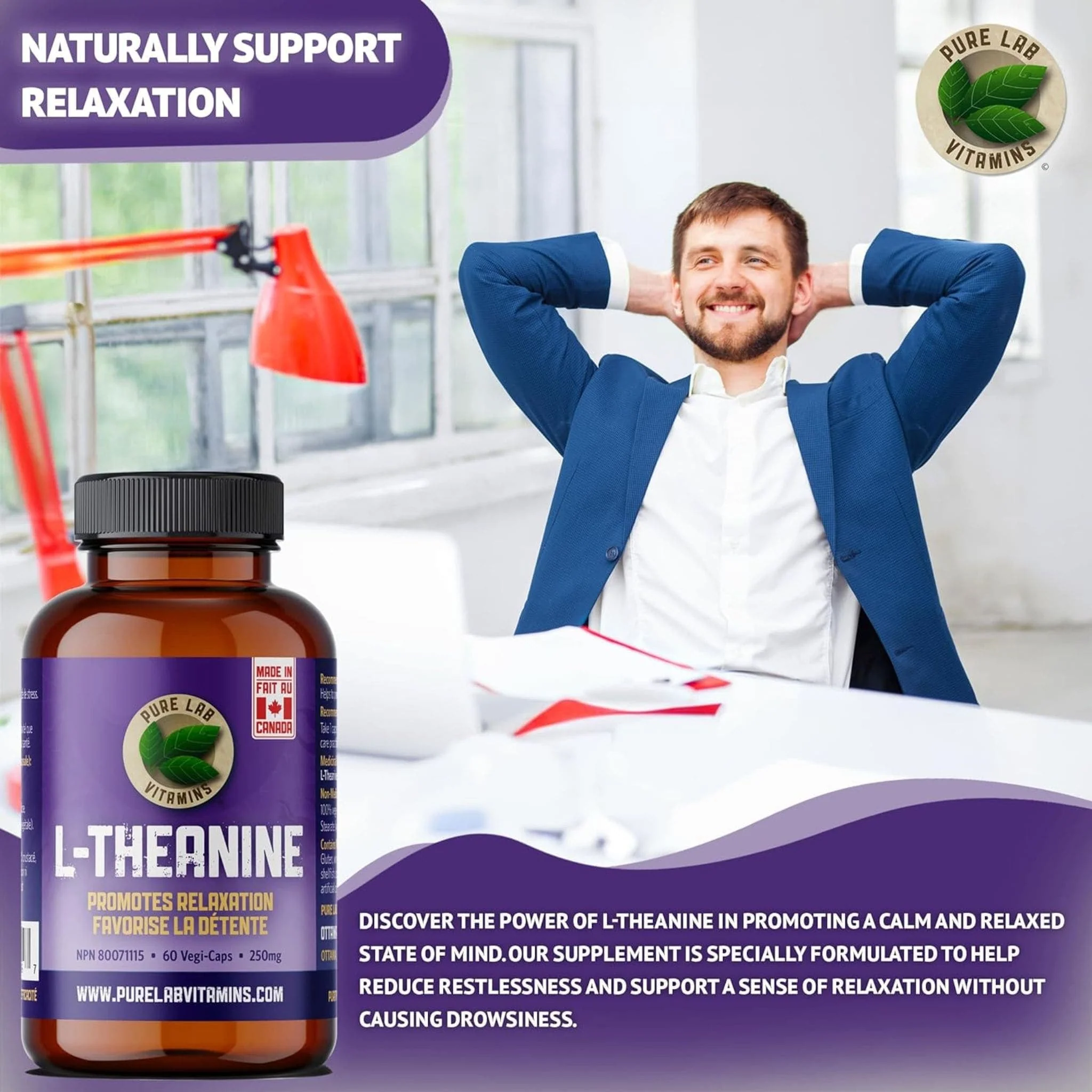 Pure Lab Vitamins L-Theanine 250mg, 60 Capsules - Image 3
