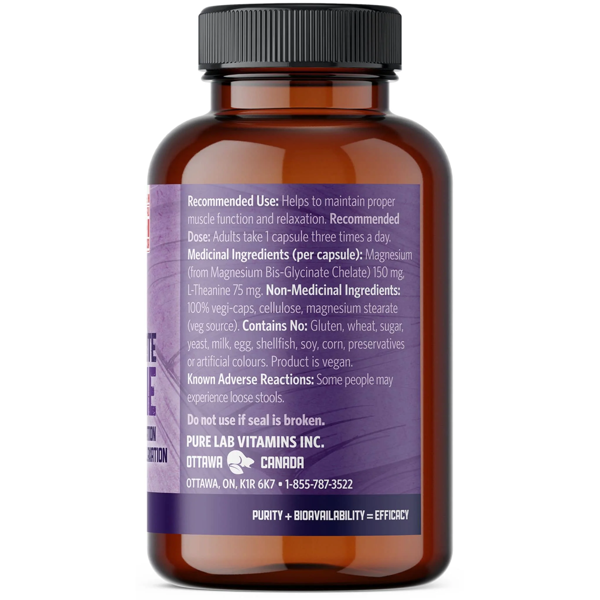 Pure Lab Vitamins Magnesium Glycinate 75mg + L-Theanine 150mg, 90 Vegetable Capsules - Image 2