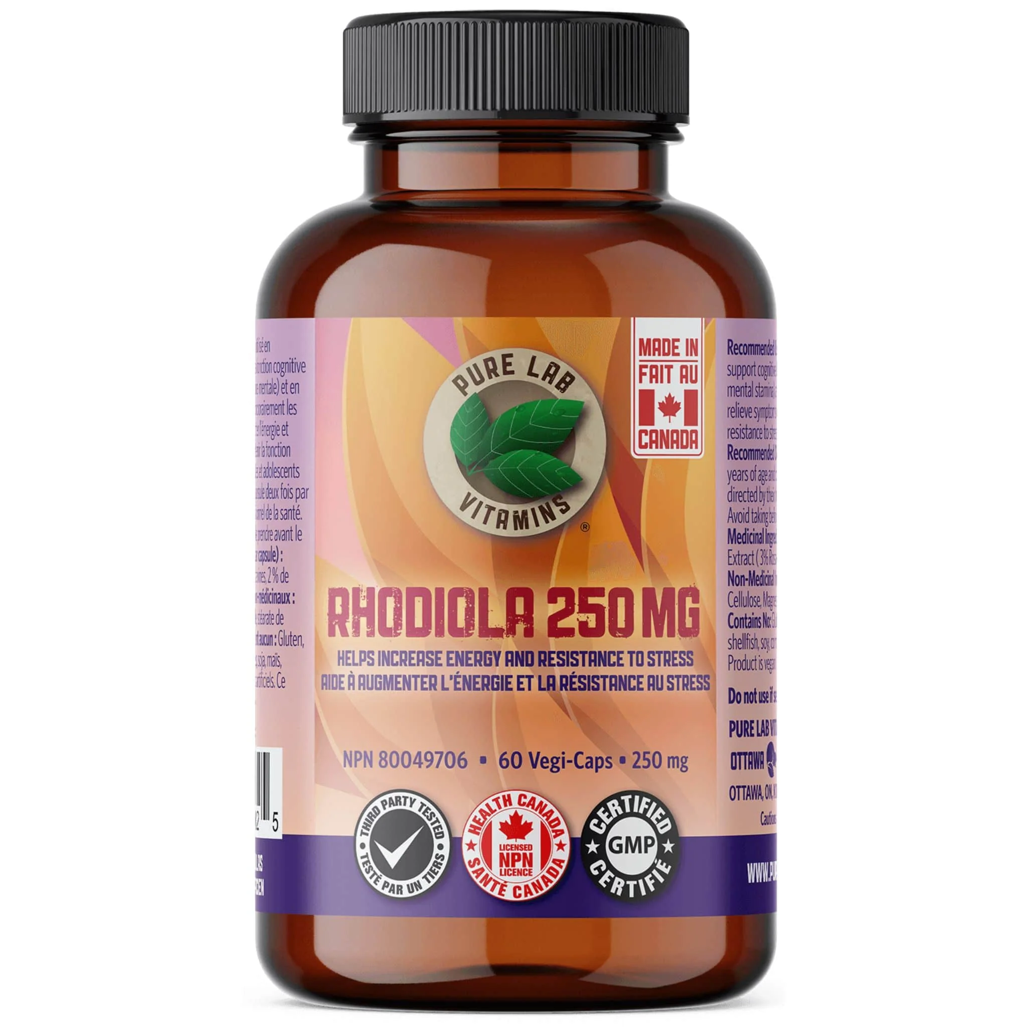 Pure Lab Vitamins Rhodiola 250mg, Supports Energy, Stamina and Stress Resistance, 60 Vegetable Capsules