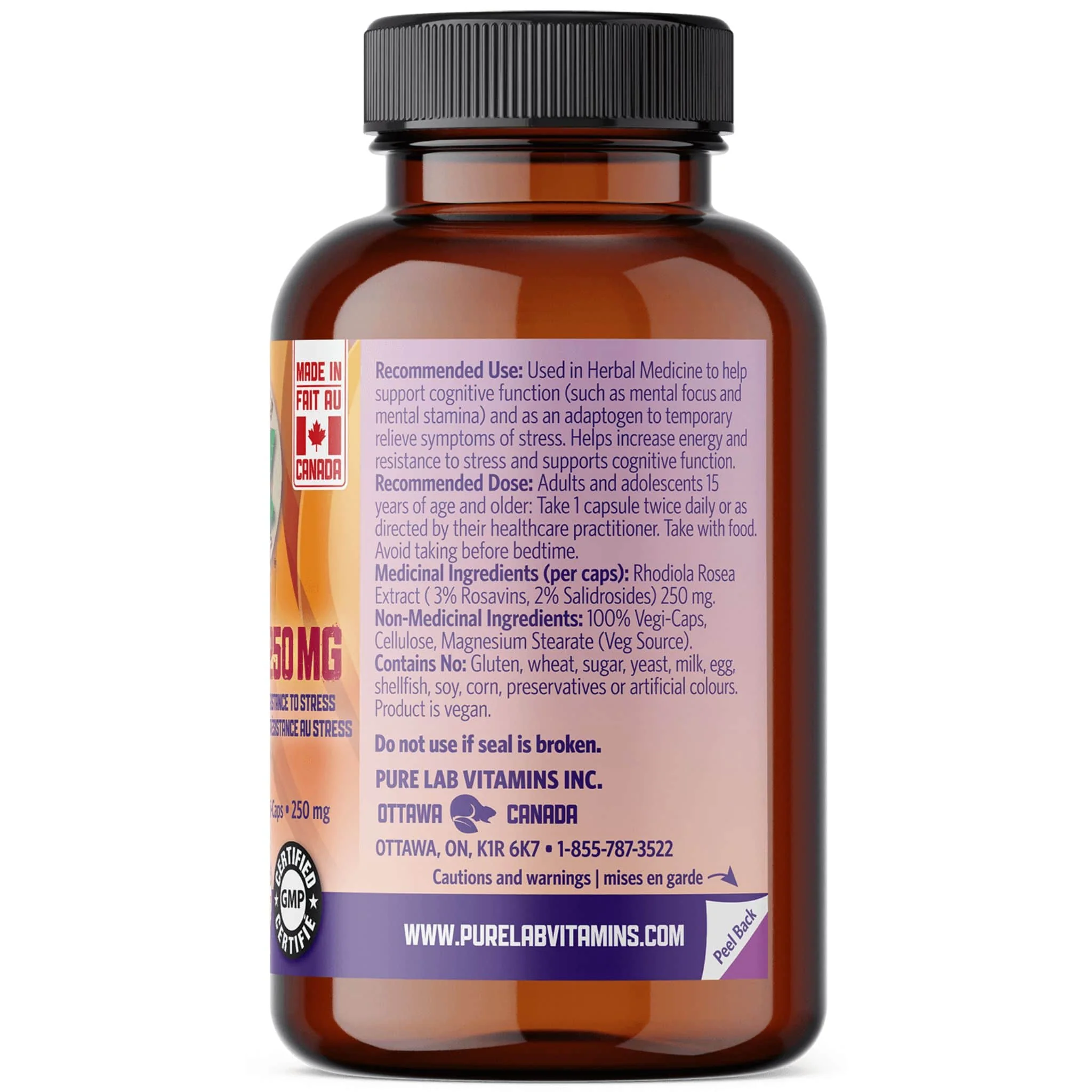 Pure Lab Vitamins Rhodiola 250mg, Supports Energy, Stamina and Stress Resistance, 60 Vegetable Capsules - Image 2