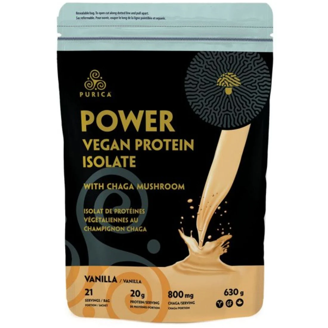 Purica Power Vegan Protein Isolate with 800mg Organic Chaga per Serving, 630g