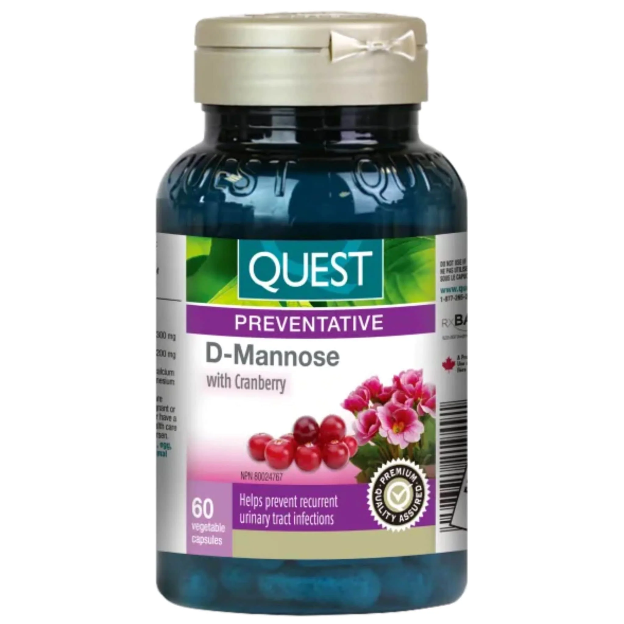 Quest D-Mannose 300mg with Cranberry 200mg, Helps Prevent Recurrent UTIs and Supports Urinary Tract Health, 60 Vegetable Capsules