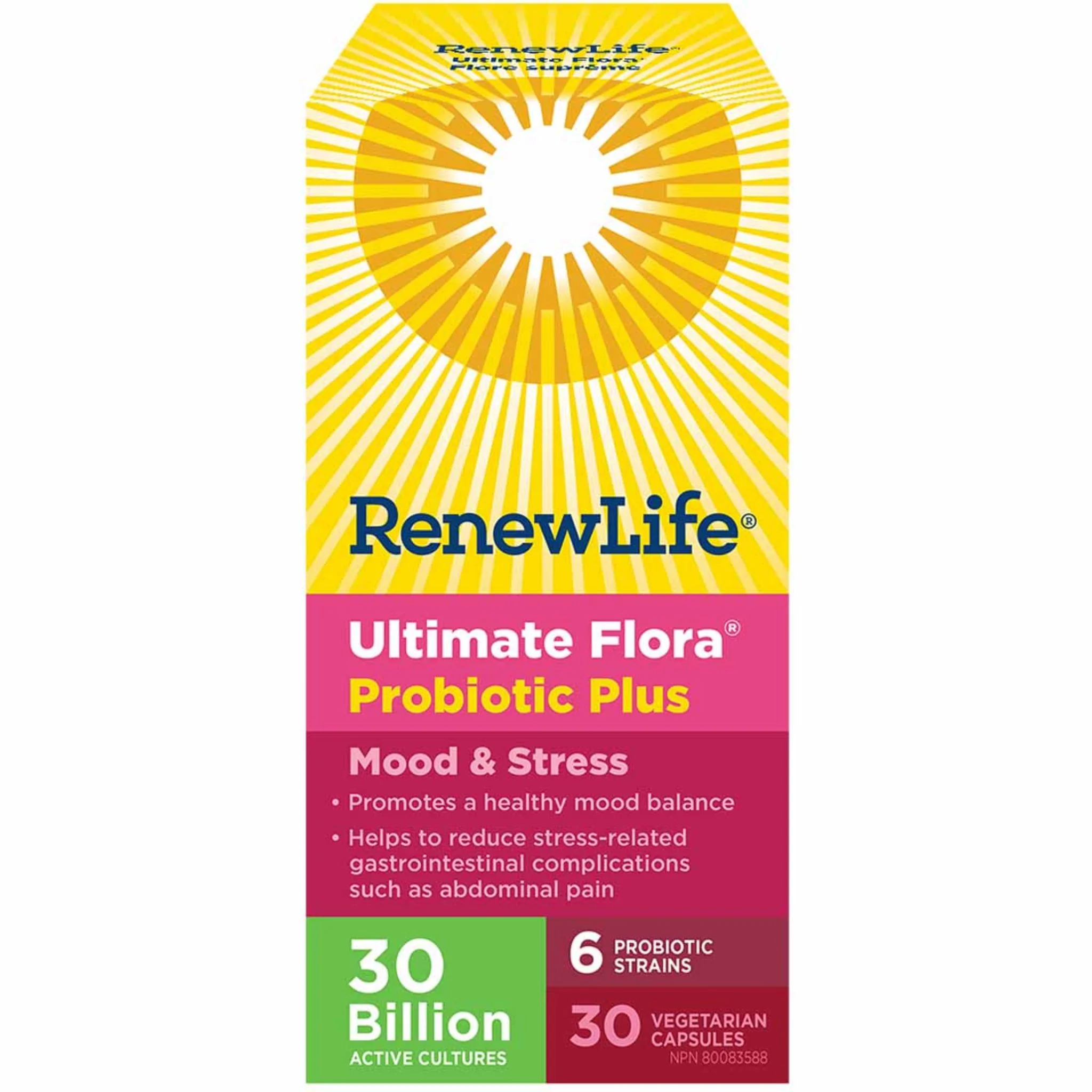 Renew Life Ultimate Flora Probiotic Plus Mood & Stress 30 Billion, 30 Capsules - Store in Fridge