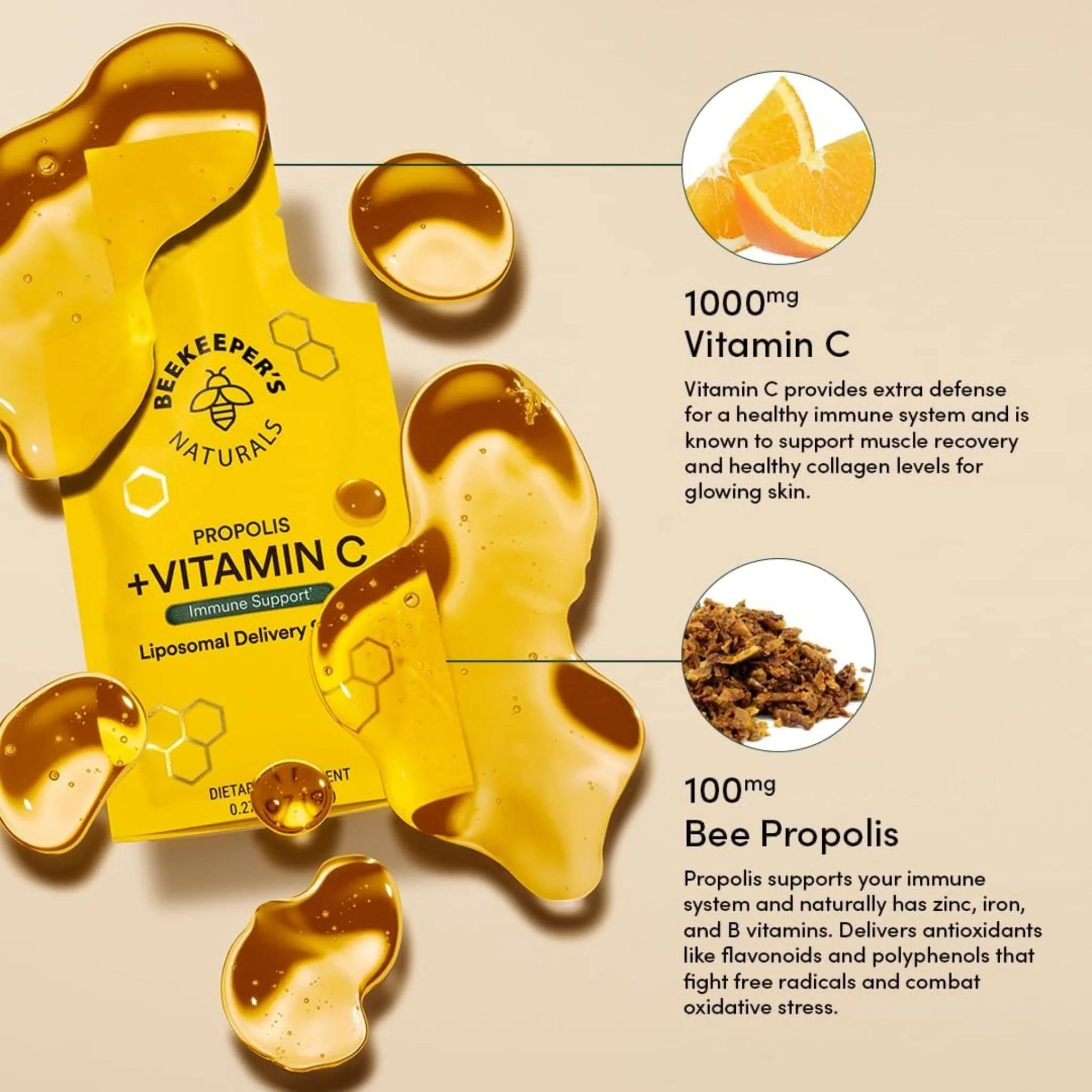 Beekeepers Liposomal Vitamin C 1000mg with Liposomal Propolis 100mg, 8ml x 12 Single Serving Packs - Image 4