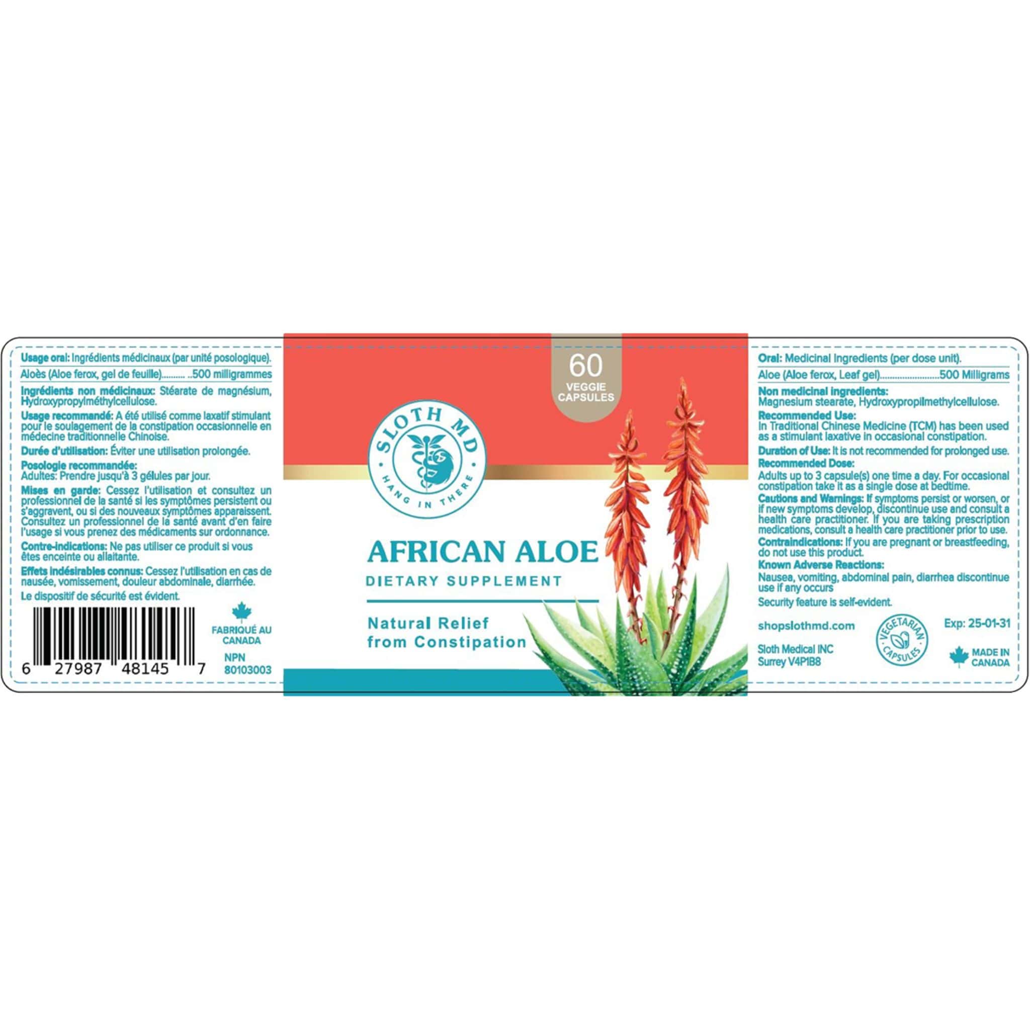 Sloth MD African Aloe 500mg, Natural Relief from Constipation, 60 Vegetable Capsules - Image 2