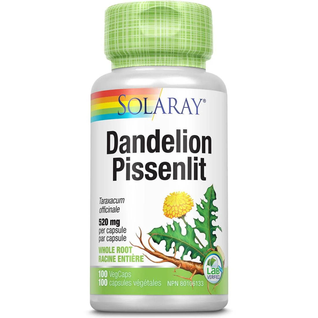 Solaray Dandelion Root 520mg, Whole Root, 100 Vegetable Capsules