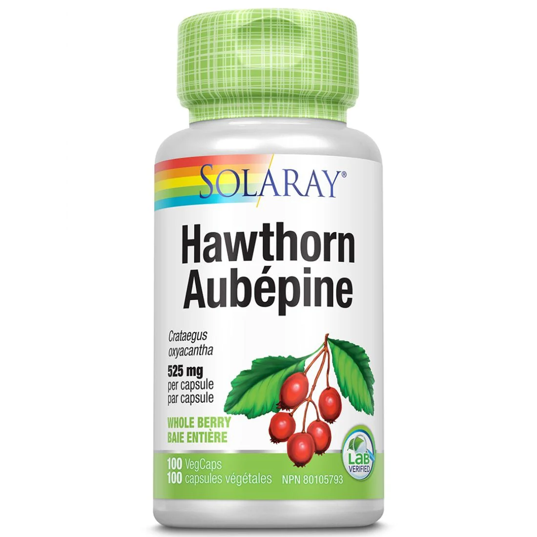 Solaray Hawthorn Berry Fruit 525mg, Whole Berry, 100 Vegetable Capsules