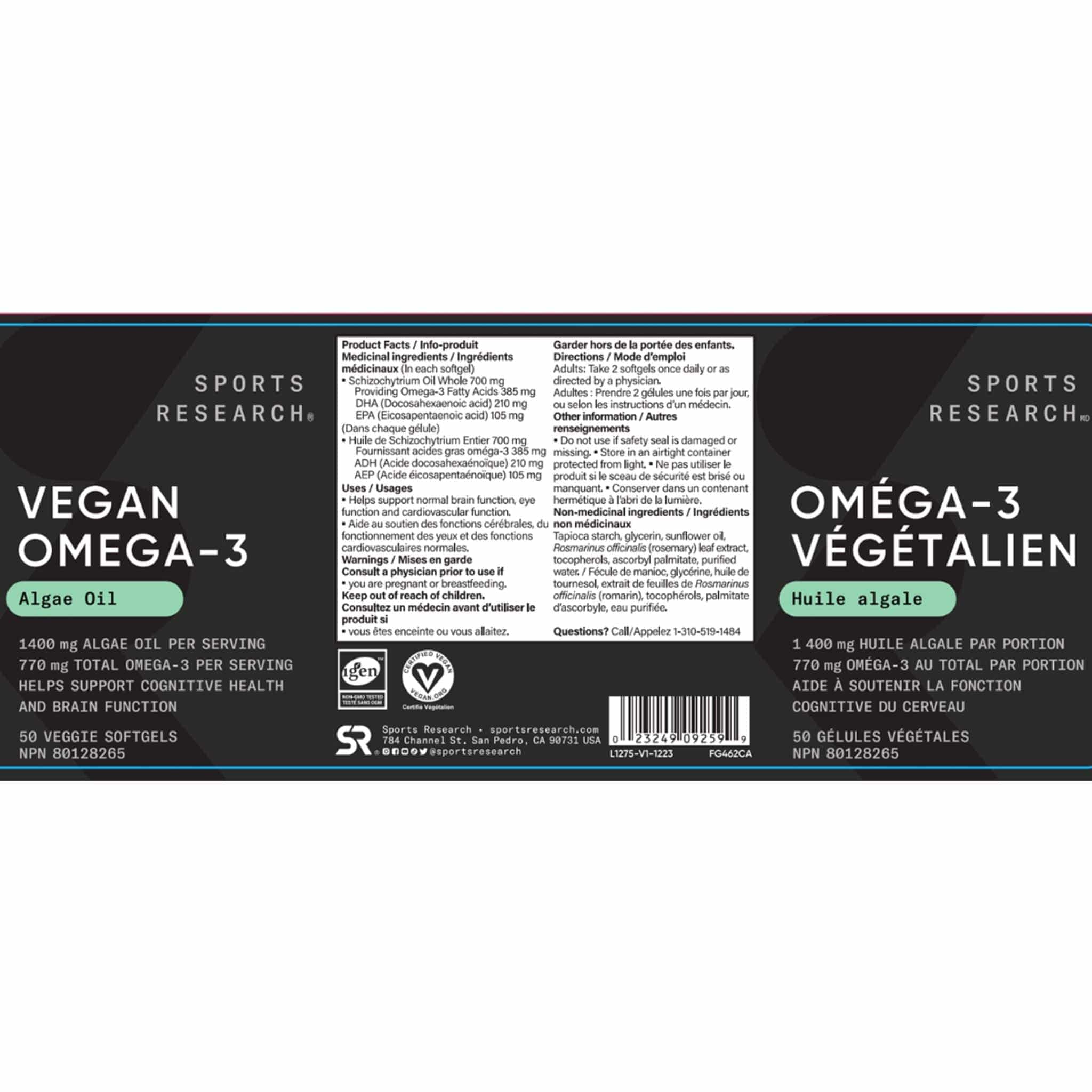 Sports Research Vegan Omega-3, Algae Oil, DHA 210mg and EPA 105 mg, 50 Vegetable Softgels - Image 2