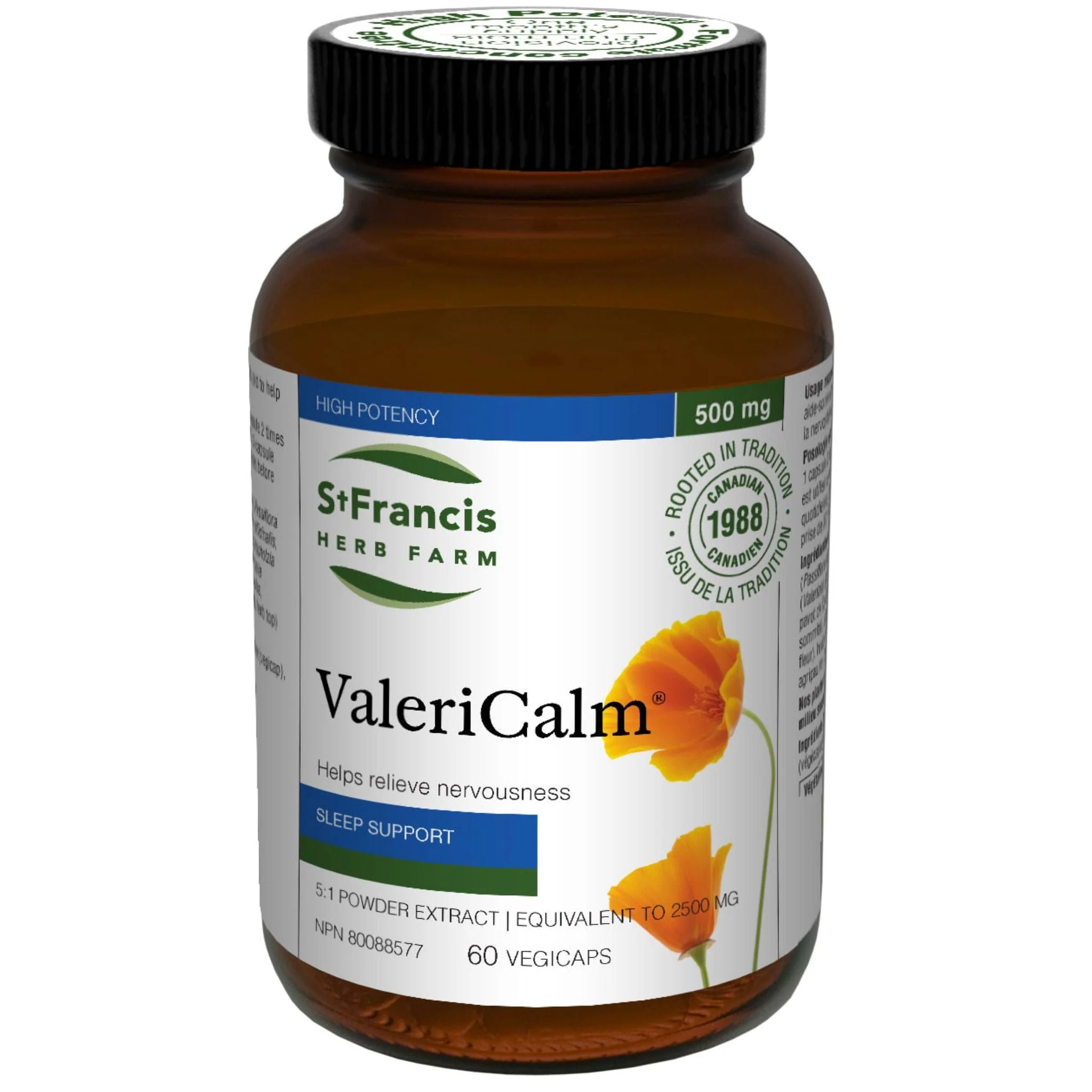 St. Francis ValeriCalm High Potency 5:1 Valerian Extract 500mg with Passion Flower, California Poppy, Chamomile, Hops, and Motherwort, 60 Capsules