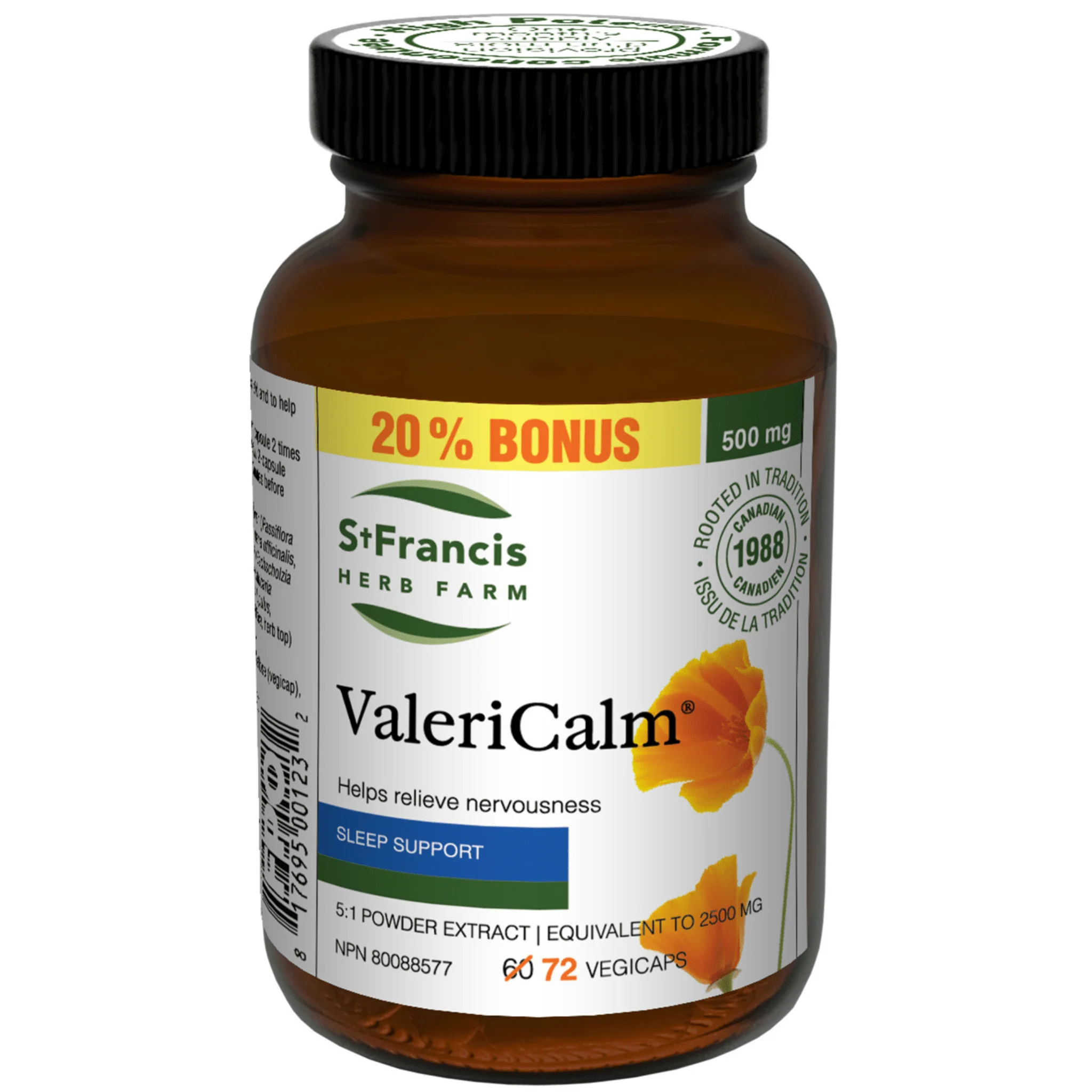 St. Francis ValeriCalm High Potency 5:1 Valerian Extract 500mg with Passion Flower, California Poppy, Chamomile, Hops, and Motherwort, 60 Capsules - Image 2