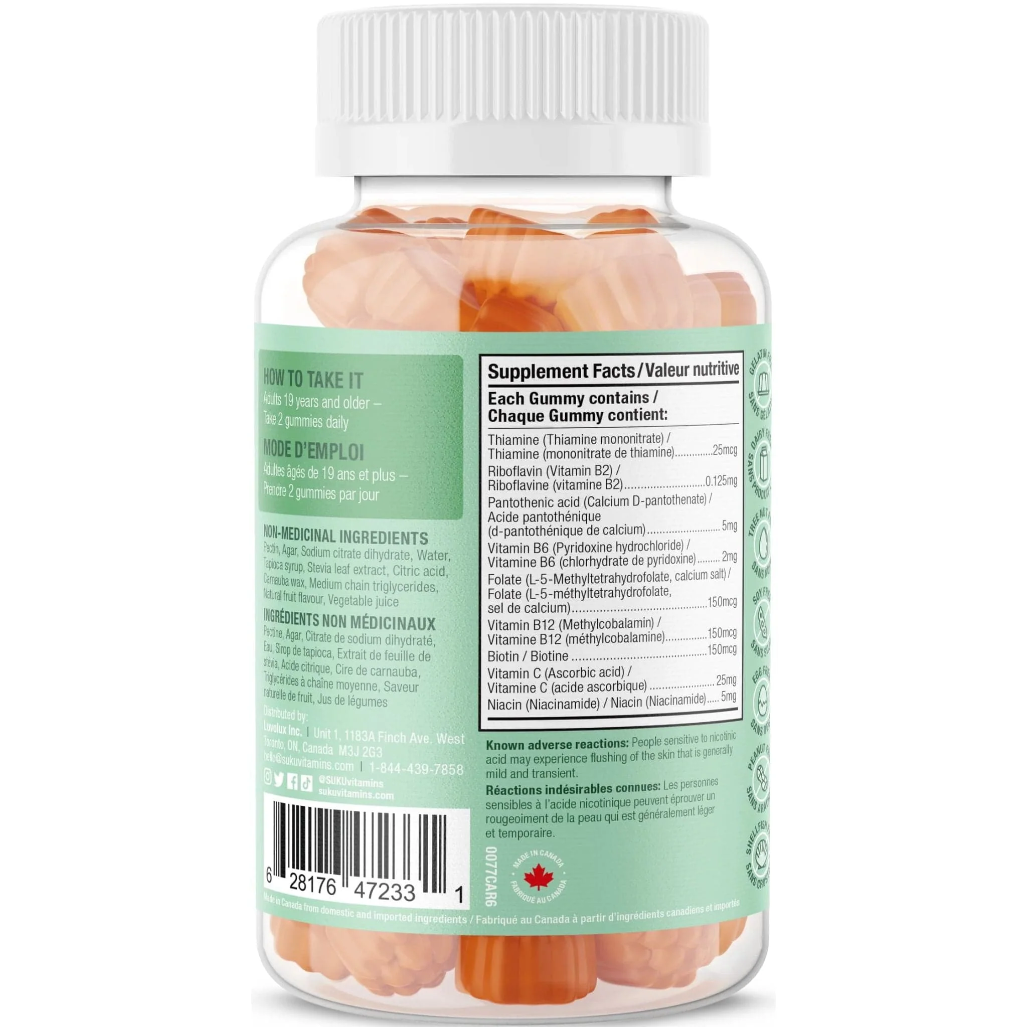 Suku Vitamins Active B-Complex Gummies, Gluten-Free, Peach Flavour, 60 Vegan Gummies - Image 3