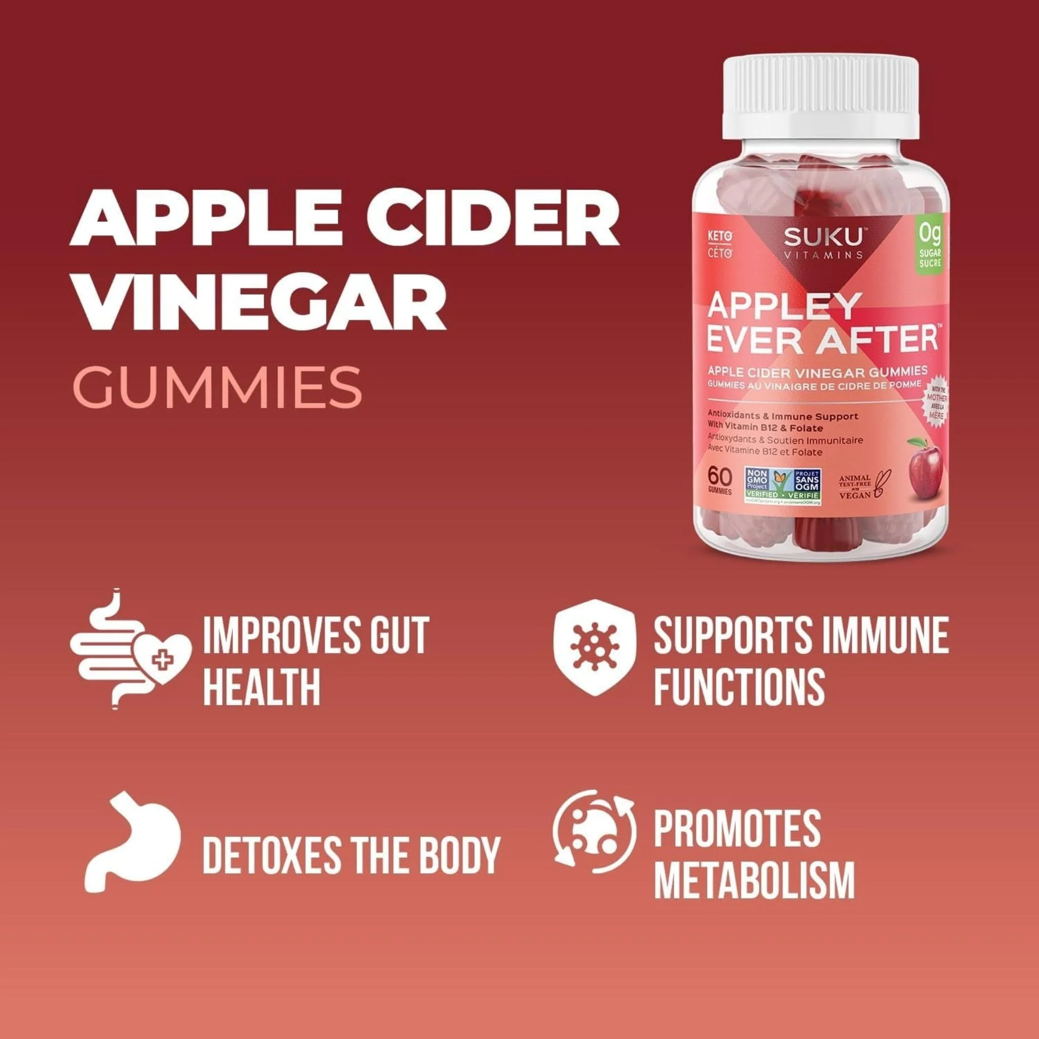 Suku Vitamins Appley Ever After (Apple Cider Vinegar Gummies with Mother), 60 Gummies - Image 6