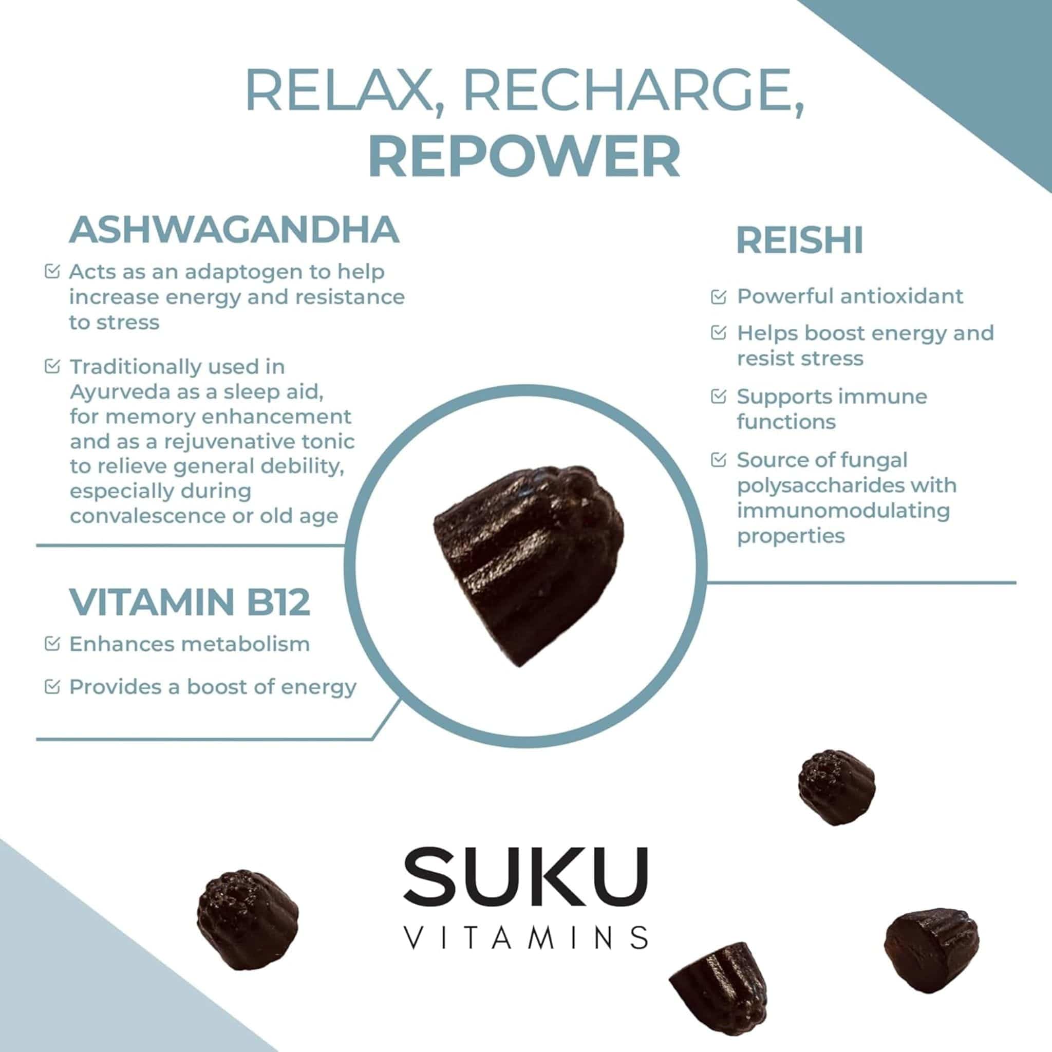 SUKU Vitamins Ashwachill, Ashwagandha Gummies with Reishi and B12, 60 Gummies - Image 7
