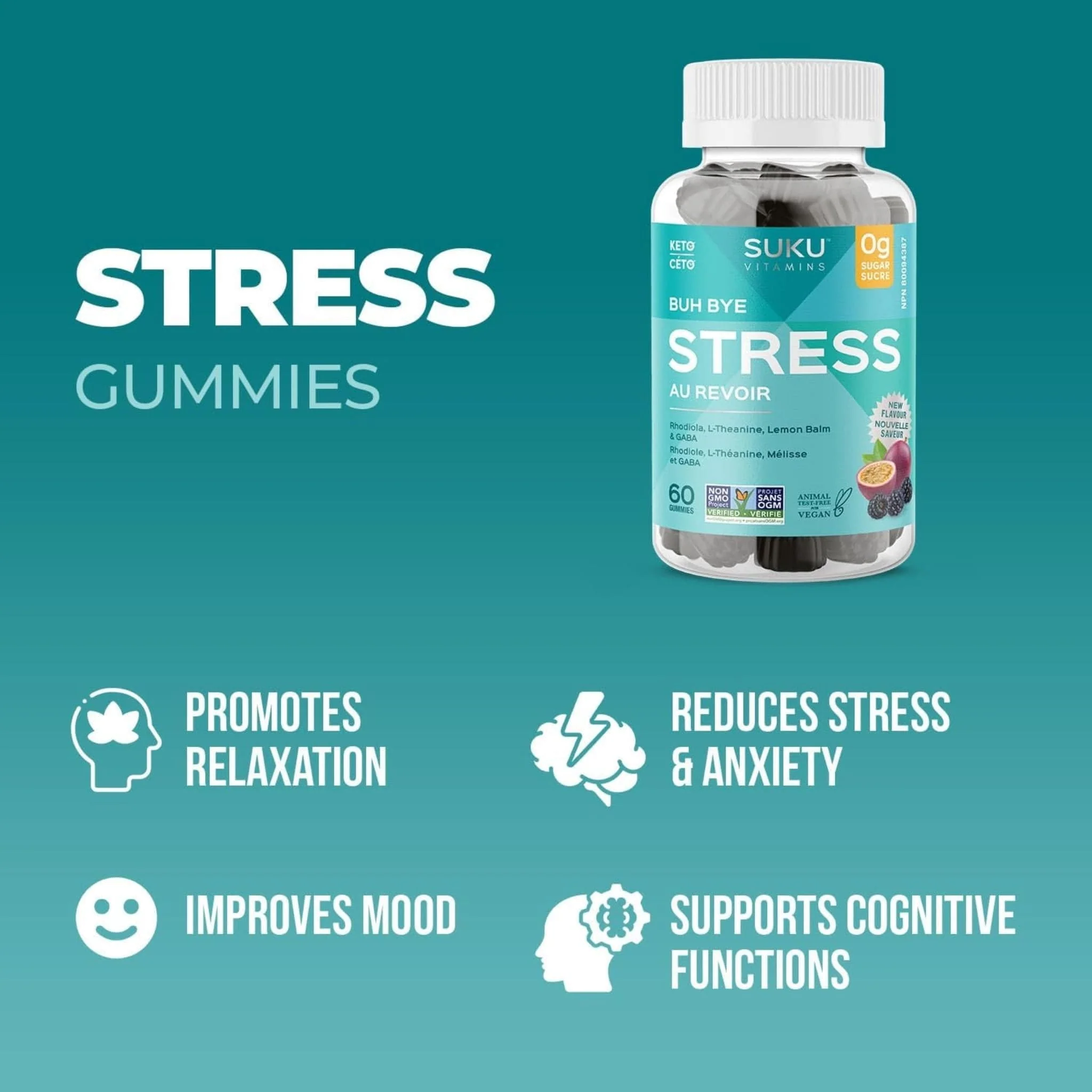 Suku Vitamins Buh Bye Stress Gummies (GABA, Rhodiola, L-Theanine & Lemon Balm), 60 Gummies - Image 8