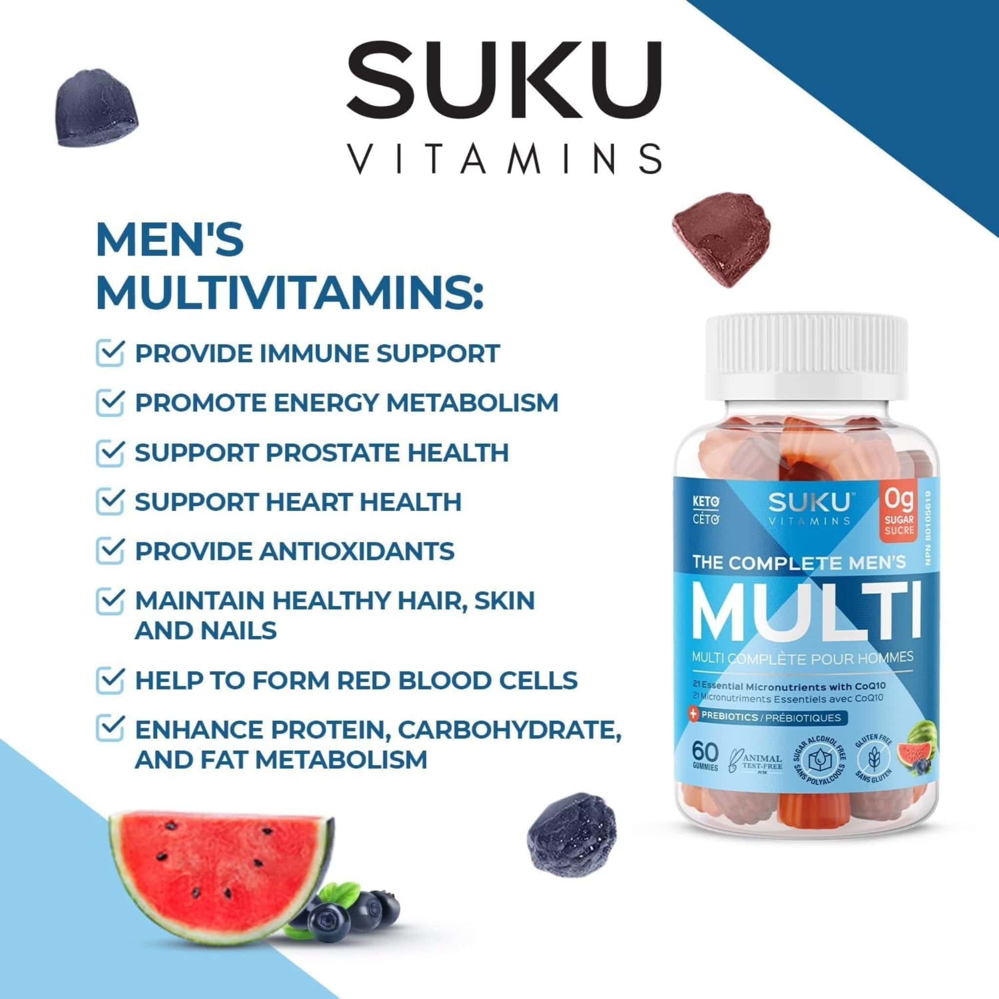 SUKU Vitamins Complete Men's Multi, 21 Essential Nutrients including CoQ10 and B12, Supports Energy, Immune and Prostate Health, 60 Gummies - Image 6