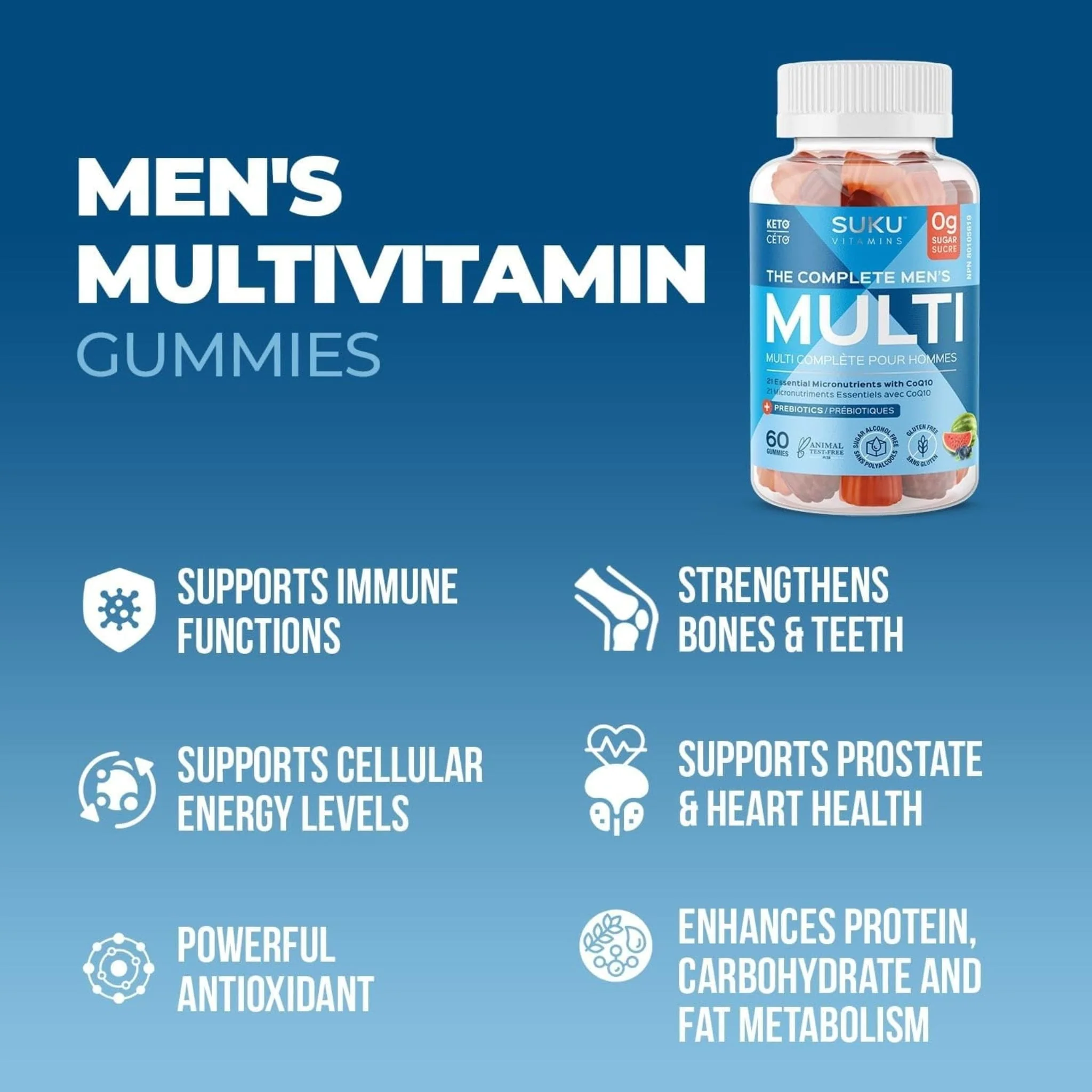 SUKU Vitamins Complete Men's Multi, 21 Essential Nutrients including CoQ10 and B12, Supports Energy, Immune and Prostate Health, 60 Gummies - Image 7