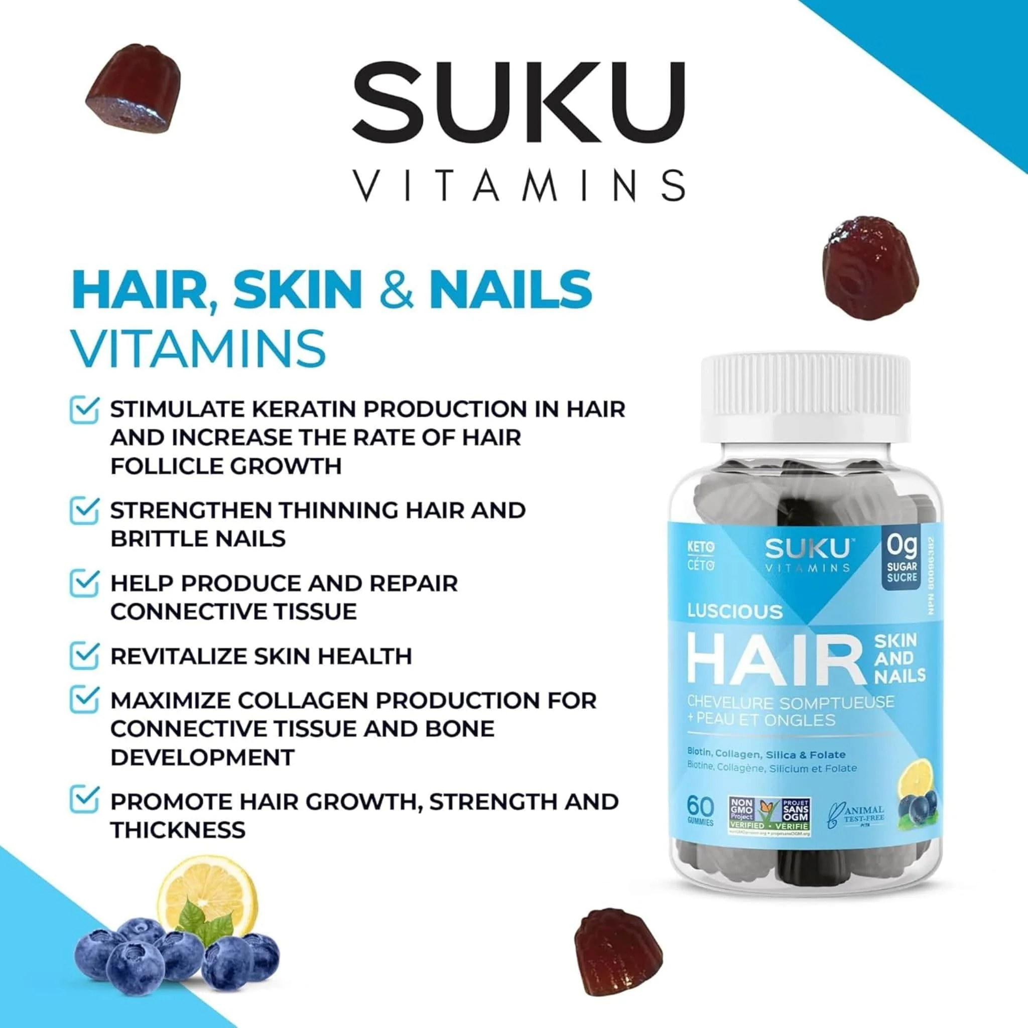 Suku Vitamins Luscious Hair (Silicon, Collagen & Biotin for Hair, Skin & Nails), 60 Gummies - Image 7