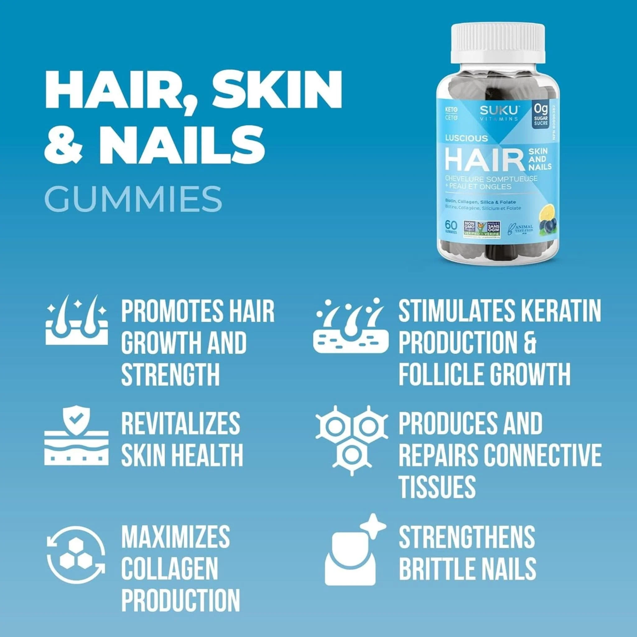 Suku Vitamins Luscious Hair (Silicon, Collagen & Biotin for Hair, Skin & Nails), 60 Gummies - Image 8