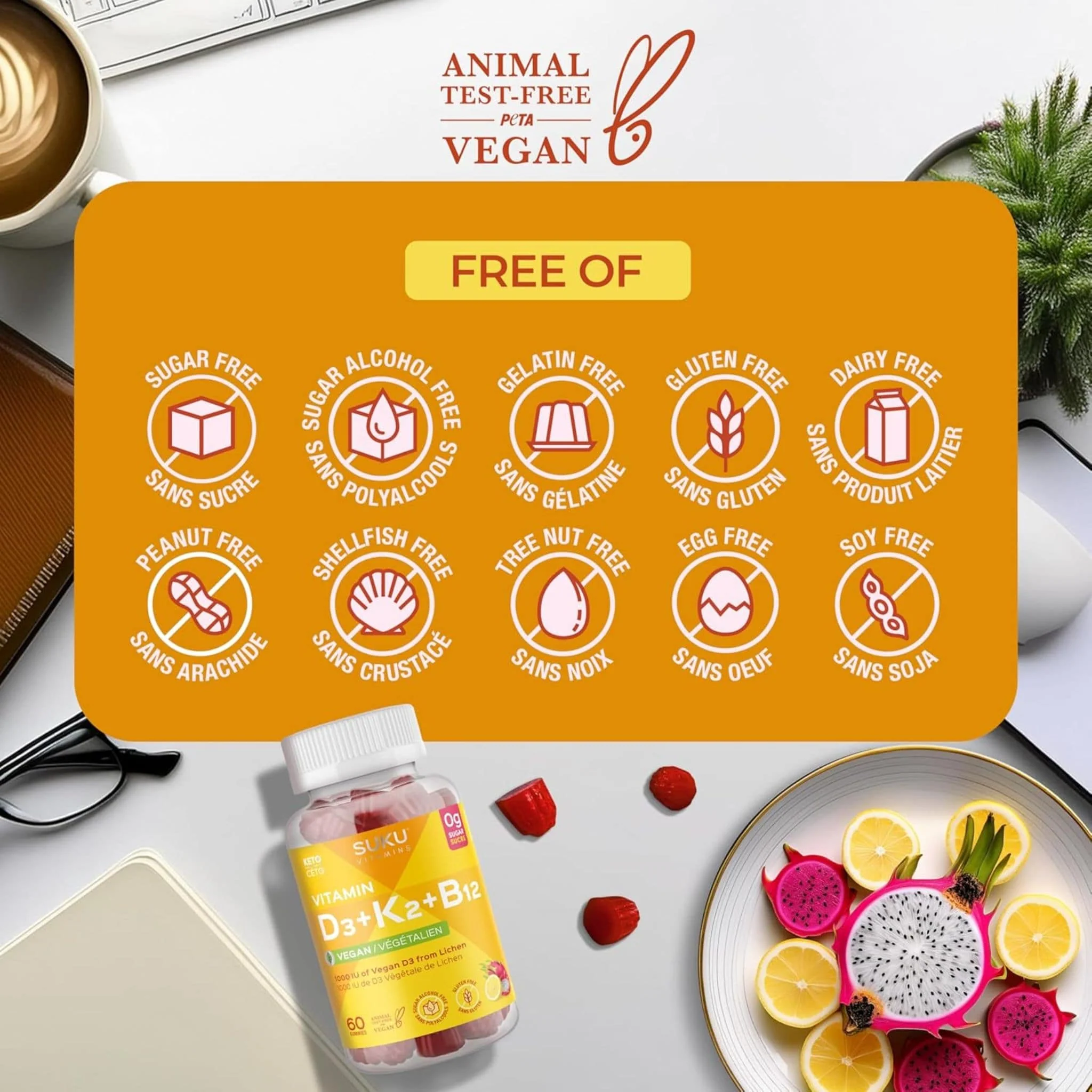 SUKU Vitamins Vitamin D3 1000 IU, K2 120 mcg, and B12 50 mcg, Supports Immune, Bone and Teeth, 60 Gummies - Image 11