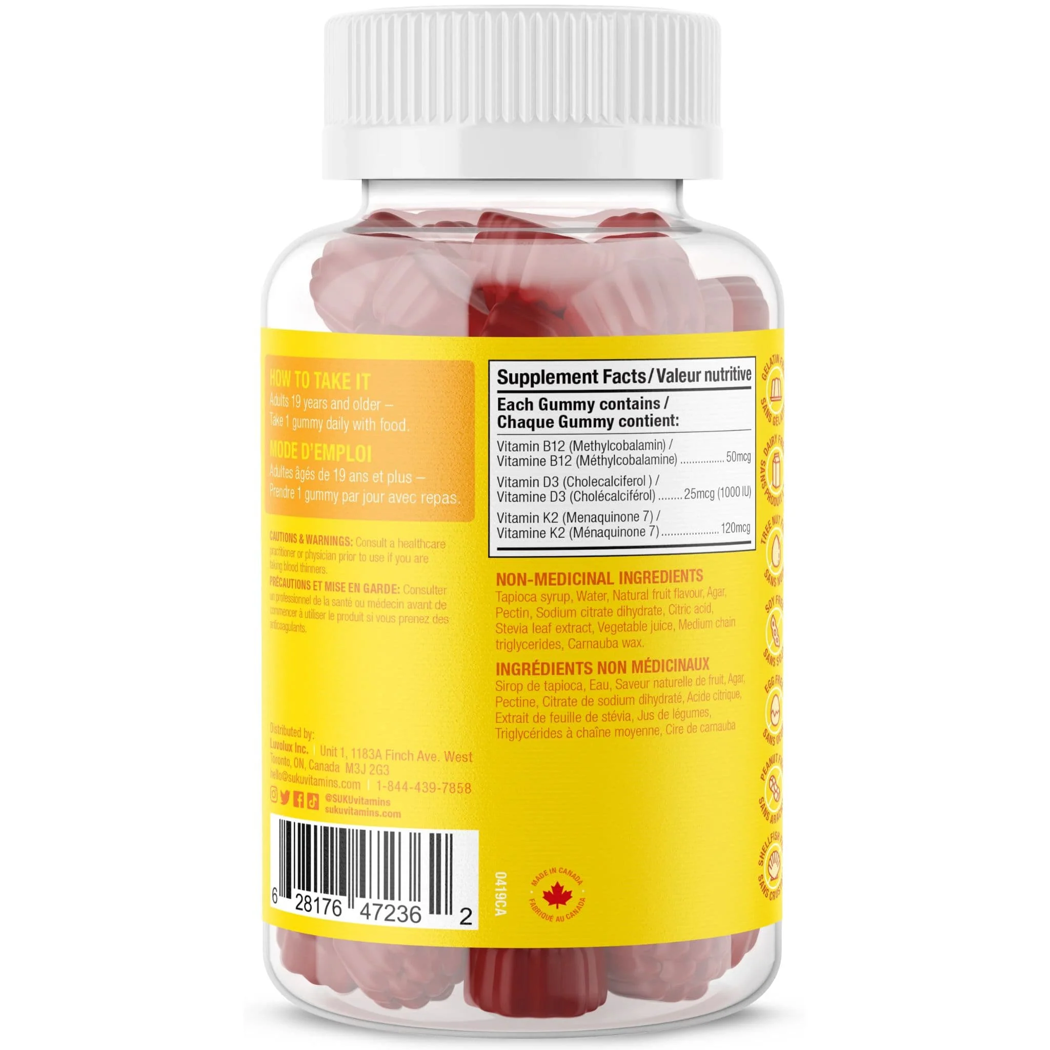 SUKU Vitamins Vitamin D3 1000 IU, K2 120 mcg, and B12 50 mcg, Supports Immune, Bone and Teeth, 60 Gummies - Image 4