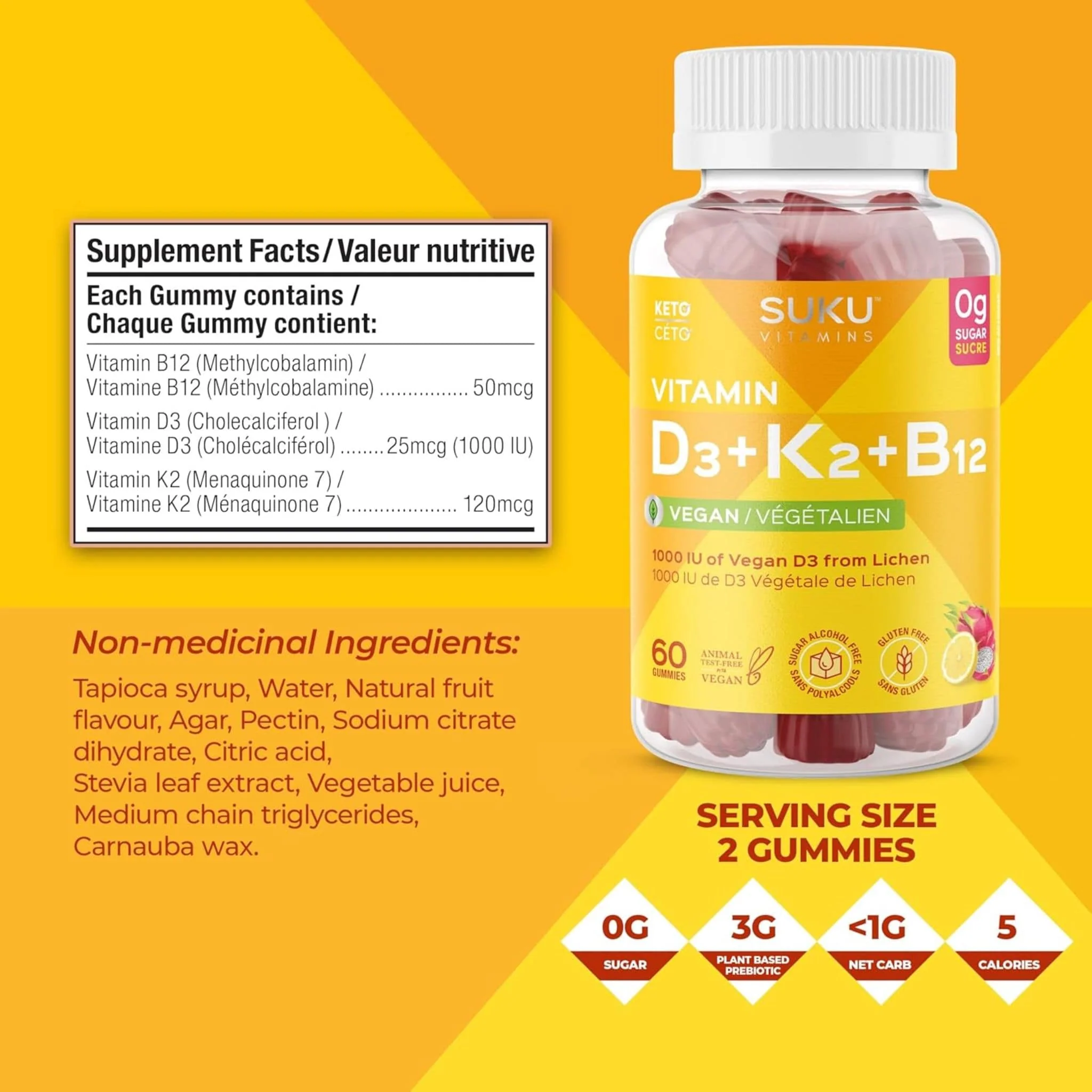 SUKU Vitamins Vitamin D3 1000 IU, K2 120 mcg, and B12 50 mcg, Supports Immune, Bone and Teeth, 60 Gummies - Image 5