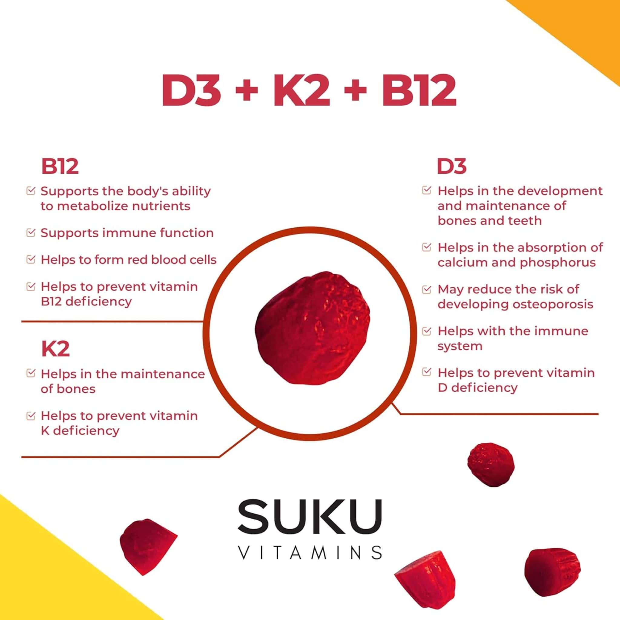 SUKU Vitamins Vitamin D3 1000 IU, K2 120 mcg, and B12 50 mcg, Supports Immune, Bone and Teeth, 60 Gummies - Image 7