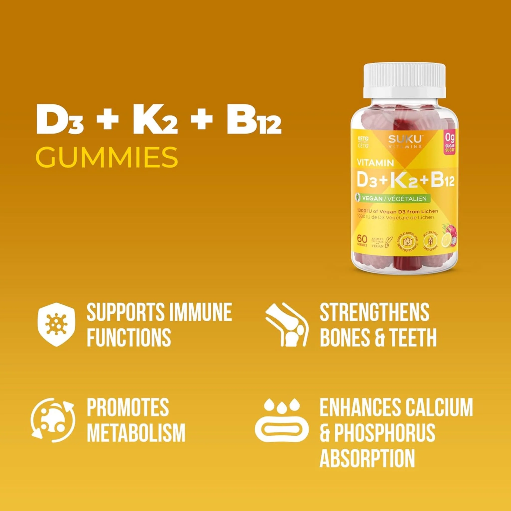 SUKU Vitamins Vitamin D3 1000 IU, K2 120 mcg, and B12 50 mcg, Supports Immune, Bone and Teeth, 60 Gummies - Image 8