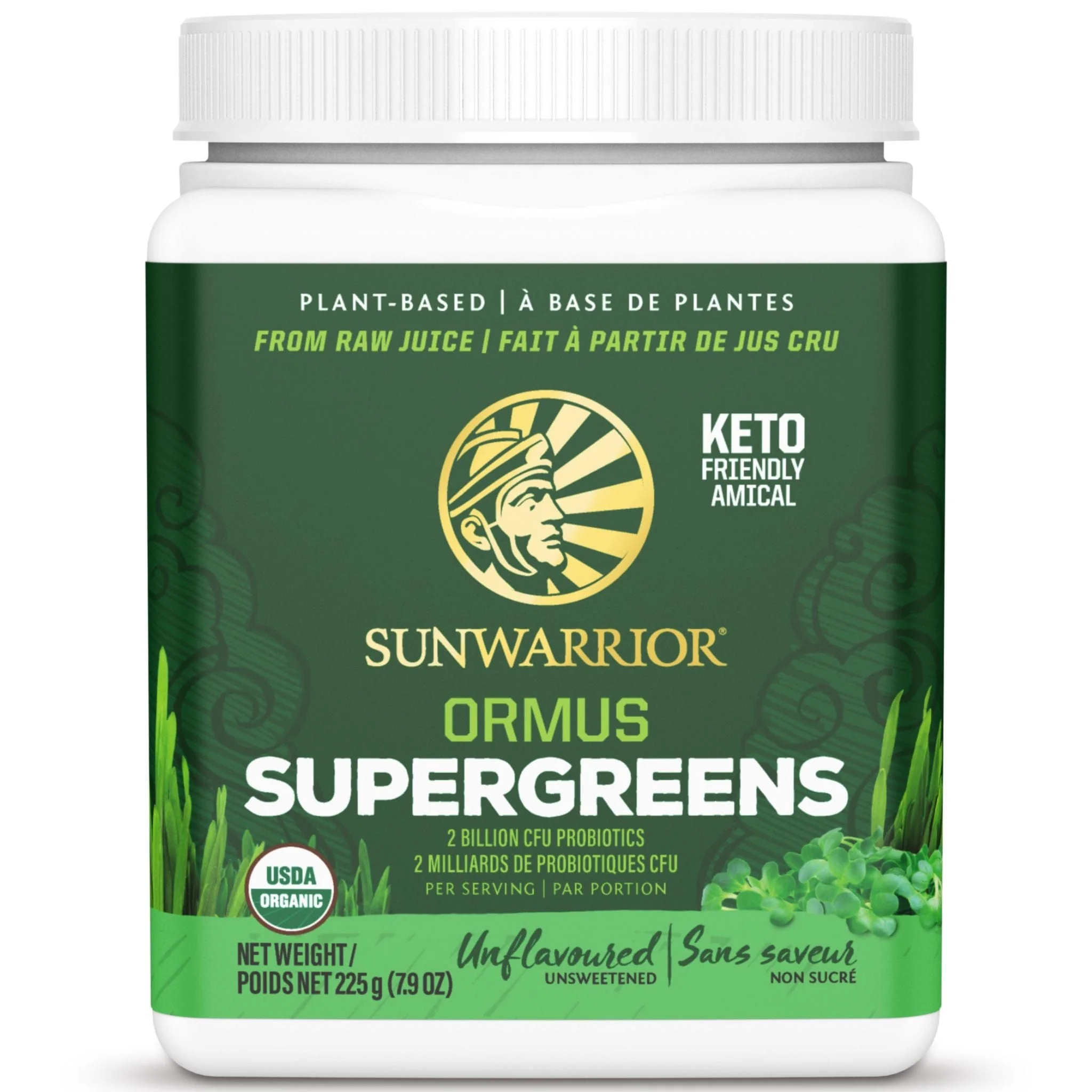 Sun Warrior Ormus Super Greens with 2 Billion CFU Probiotics, Made from Raw Juice, 225g