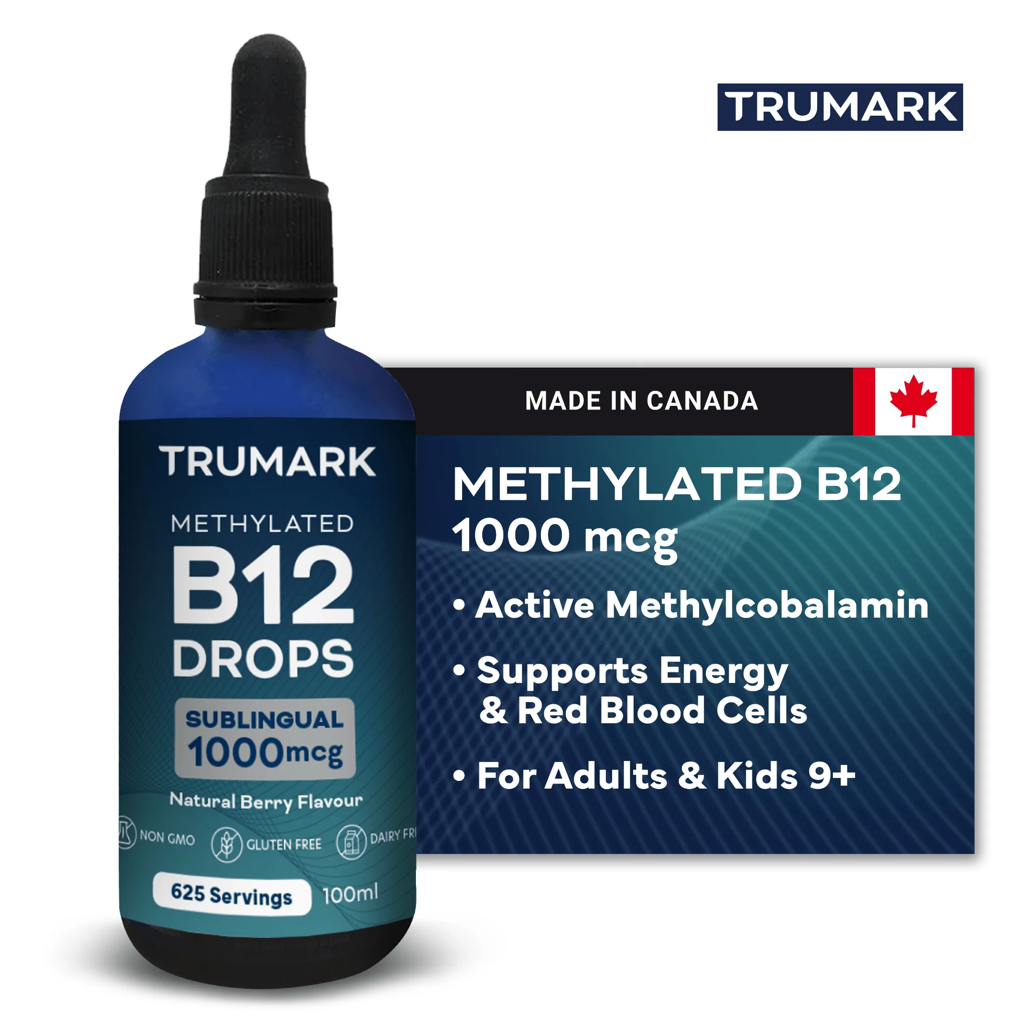 TRUMARK Methylated Vitamin B12 Drops 1000mcg, Sublingual B12 Liquid, Supports Energy, Nervous System & Red Blood Cell Health, Delicious Berry, 100ml / 625 Servings