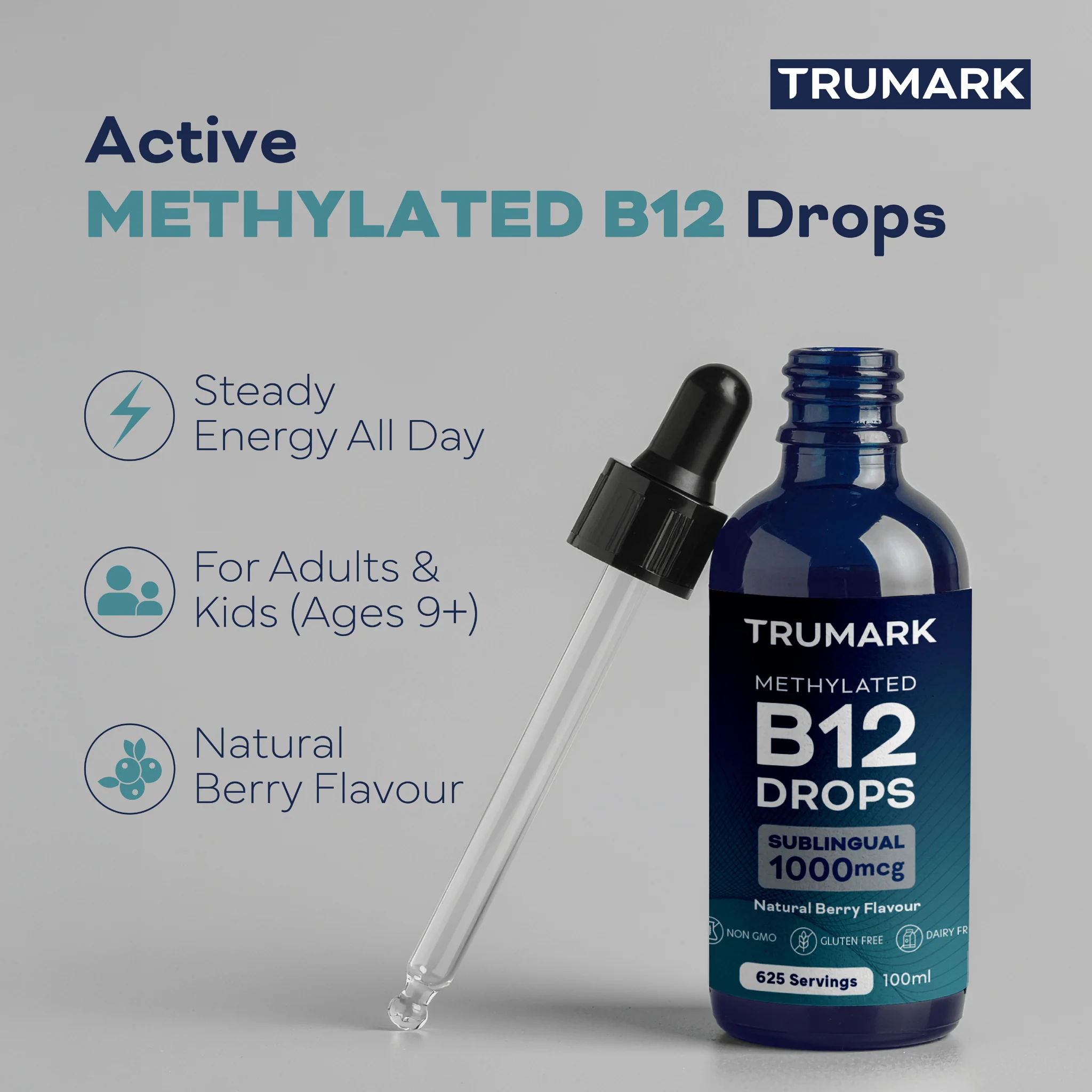 TRUMARK Methylated Vitamin B12 Drops 1000mcg, Sublingual B12 Liquid, Supports Energy, Nervous System & Red Blood Cell Health, Delicious Berry, 100ml / 625 Servings - Image 3