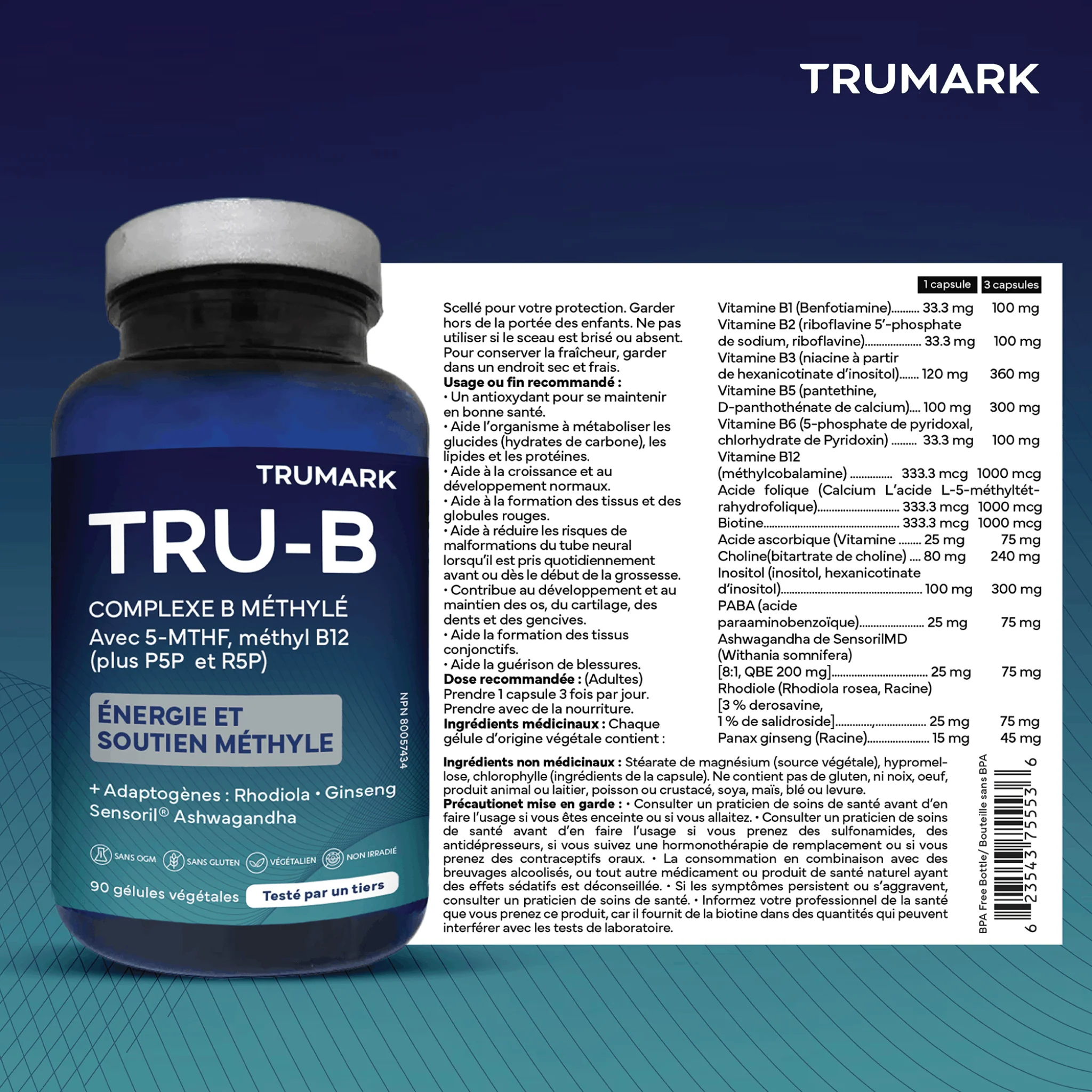 TRUMARK TRU-B Methylated B-Complex, With 5-MTHF Folate, Methyl B12, P5P B6 & R5P Riboflavin for Energy, Methylation and Stress Support, 90 Vegetable Capsules - Image 9
