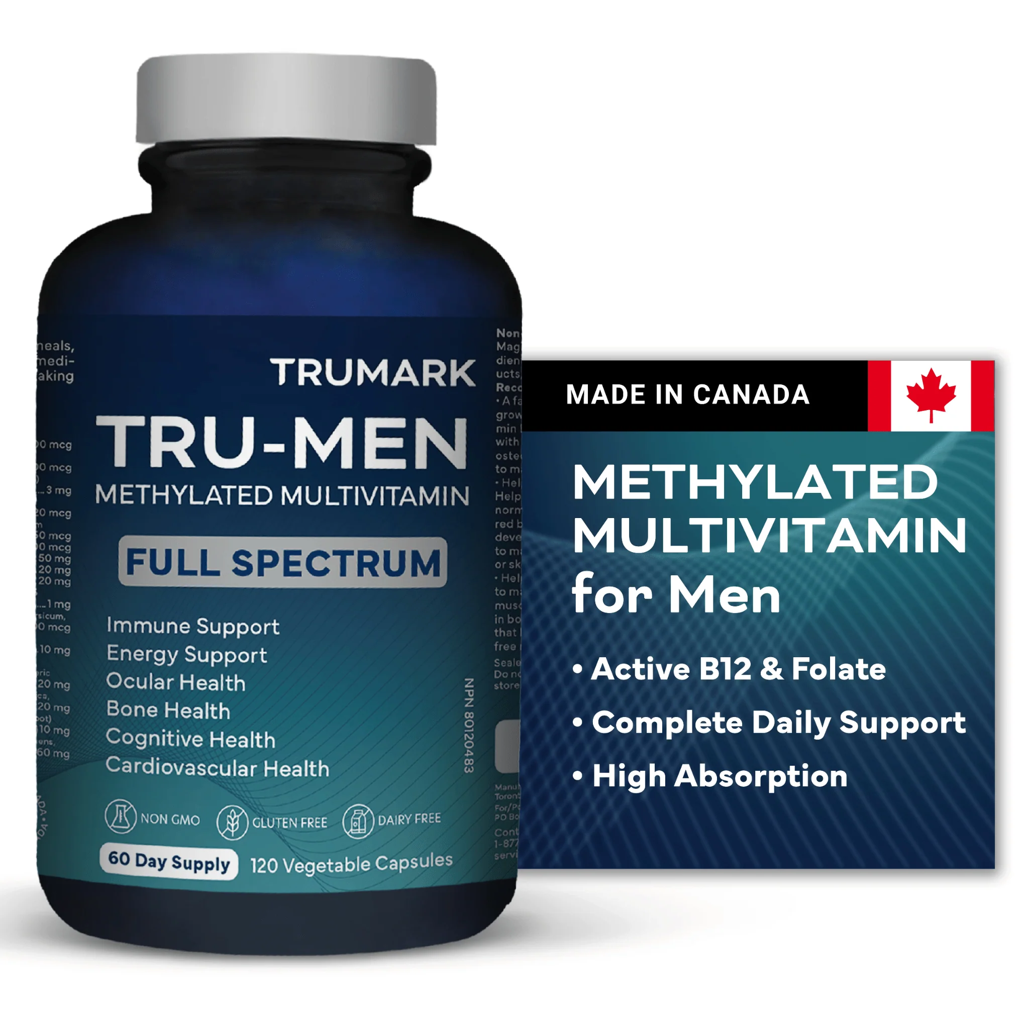 TRUMARK TRU-MEN Methylated Multivitamin for Men, High Potency, Daily Energy, Heart, Cognitive, Immune Support, 60 Day Supply, 120 Capsules