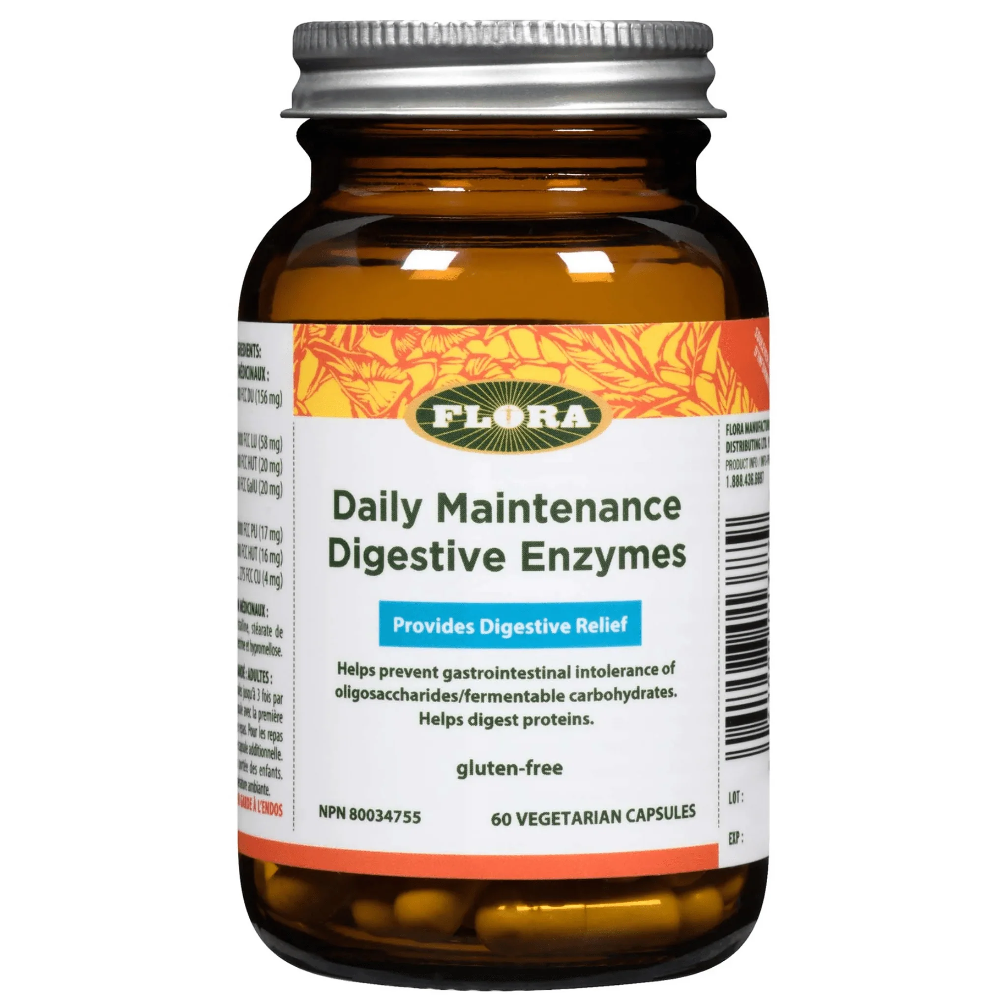 Flora Daily Maintenance Enzymes, Supports Digestion and Nutrient Absorption, 60-120 Vegetable Capsules